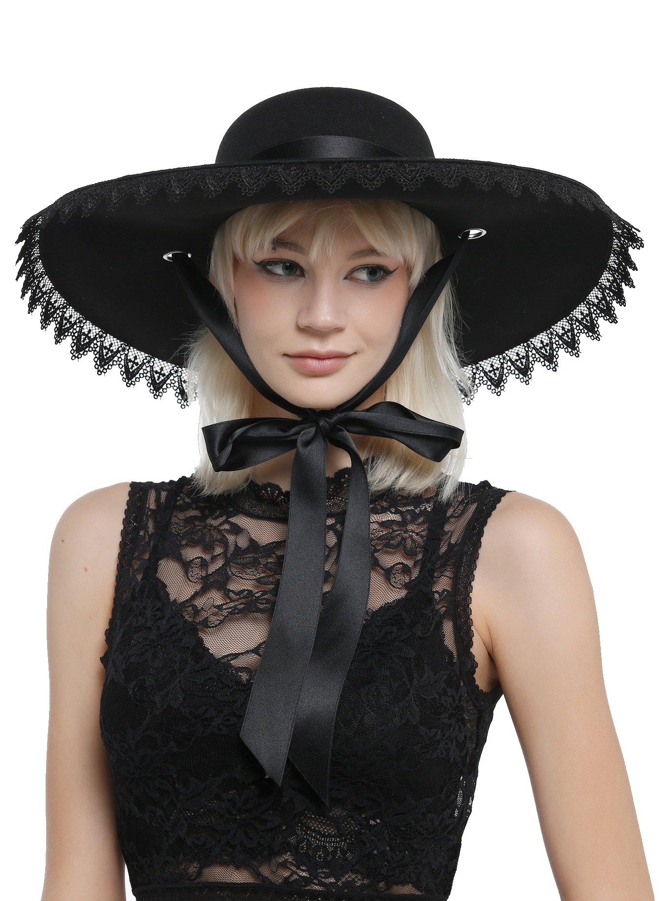 Black Lace Trim Floppy Hat, , hi-res