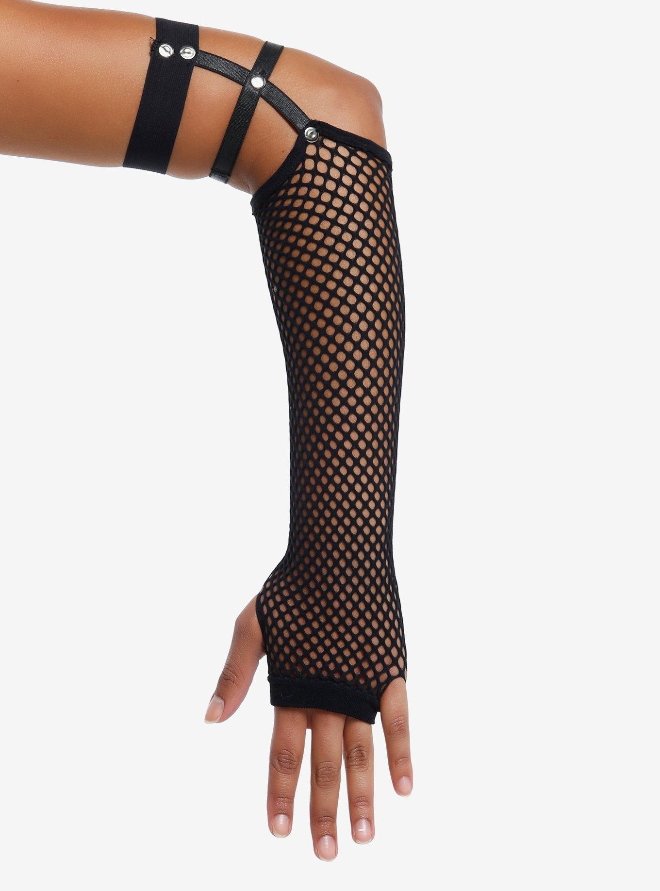 Black Fishnet Strappy Cutout Arm Warmers, , hi-res