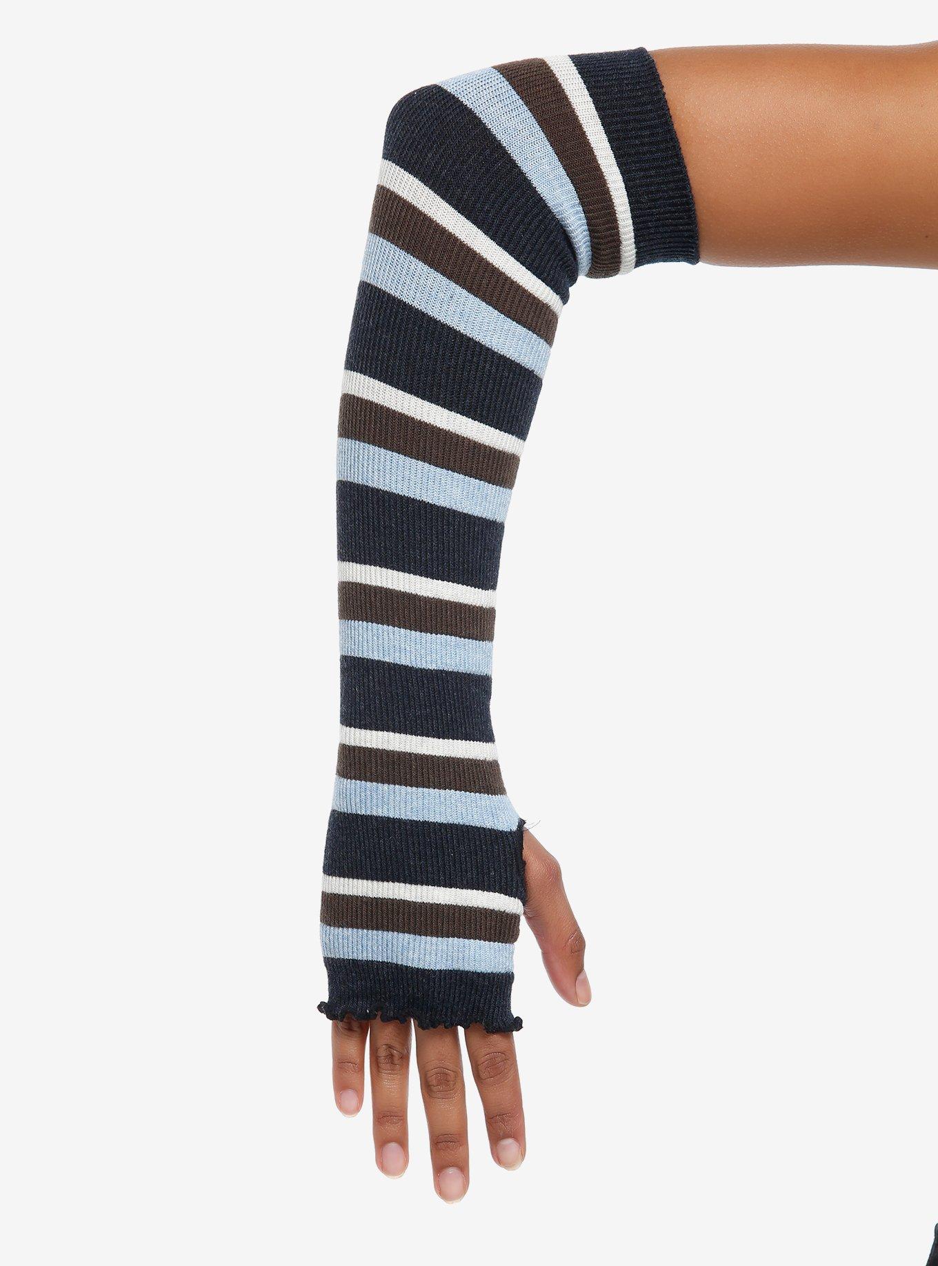 Earthy Blue Stripe Lettuce Edge Arm Warmers, , hi-res