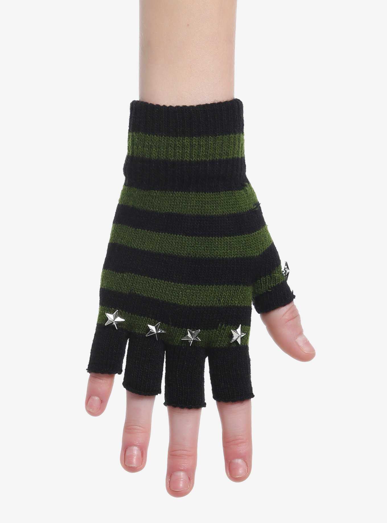 Green & Black Stripe Star Stud Fingerless Gloves, , hi-res