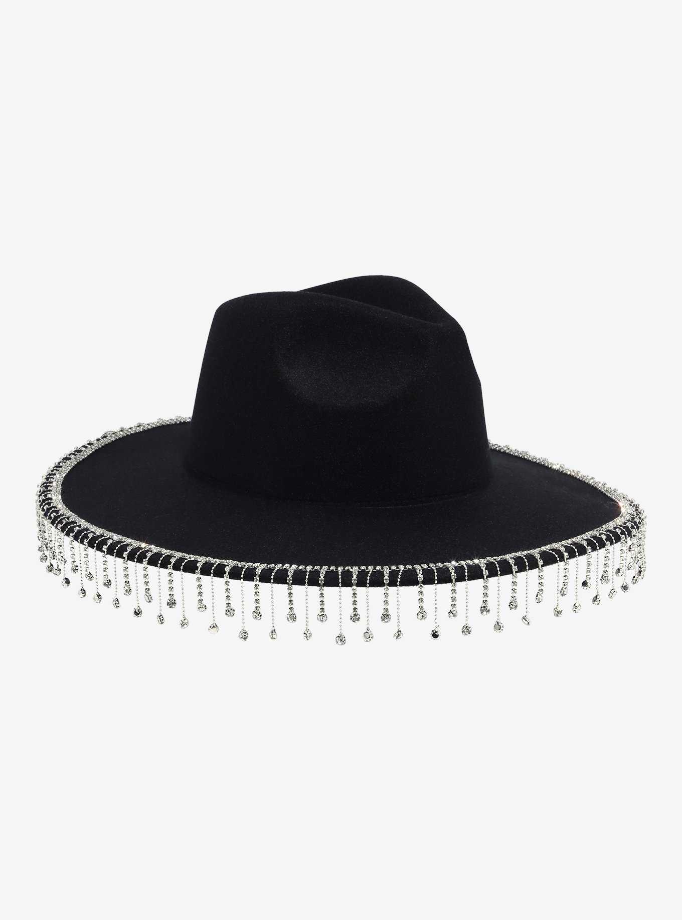 Black Rhinestone Fringe Wide-Brim Hat, , hi-res