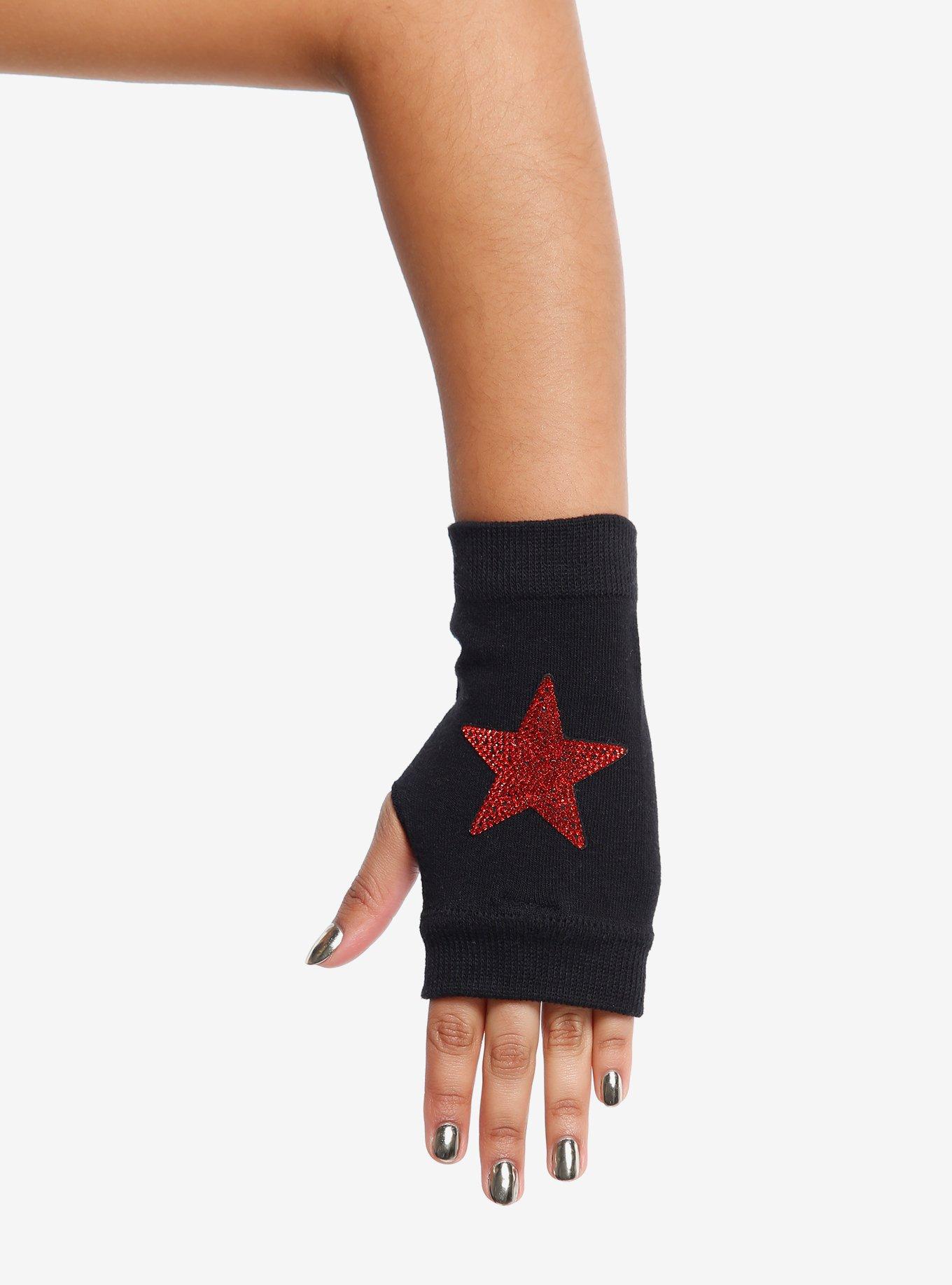 Red Glitter Star Fingerless Gloves, , hi-res