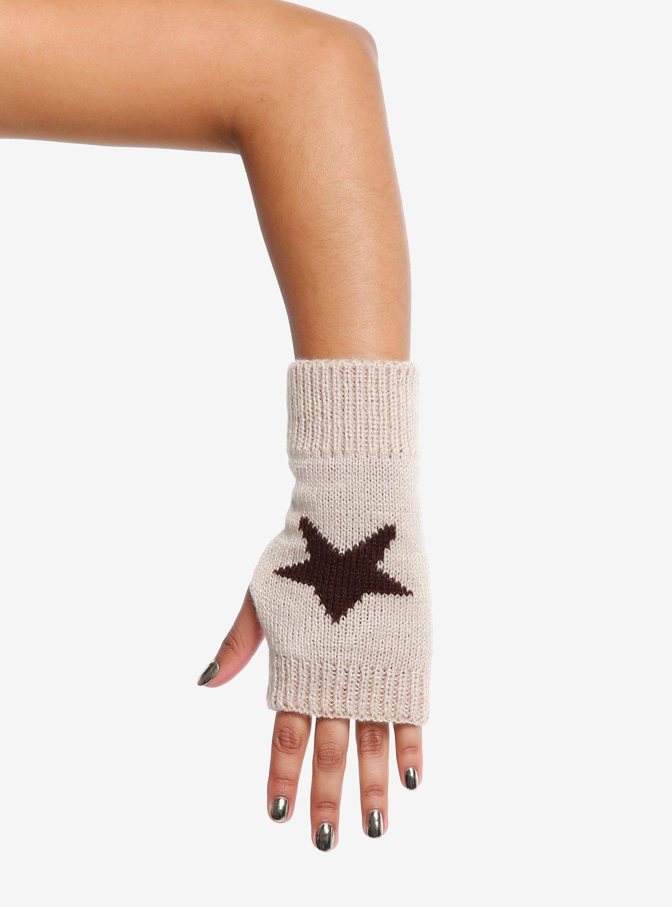 Tan & Brown Star Fingerless Gloves, , hi-res