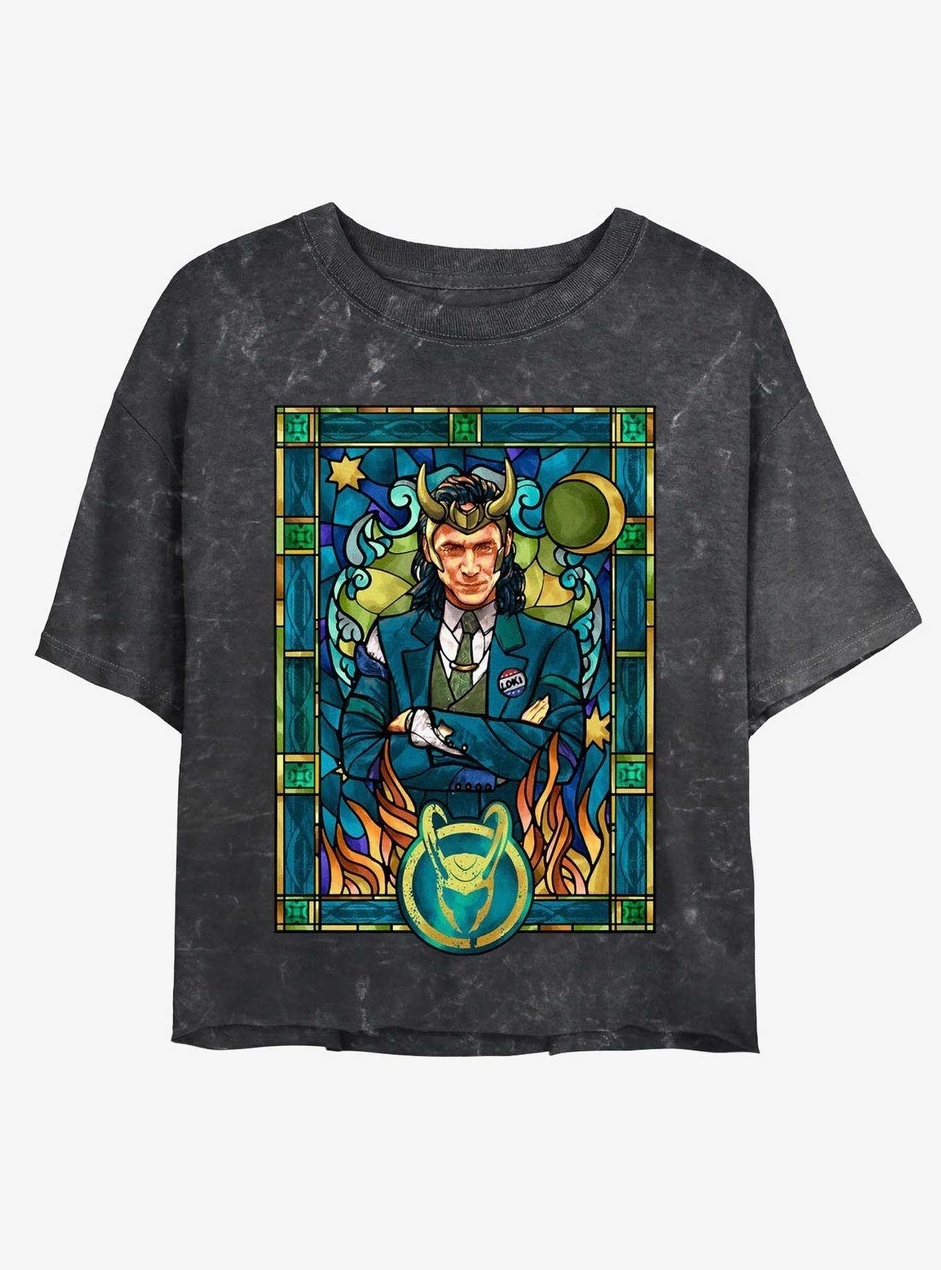 Marvel Loki President Loki Glass Portrait Girls Mineral Wash Crop T-Shirt, BLACK, hi-res
