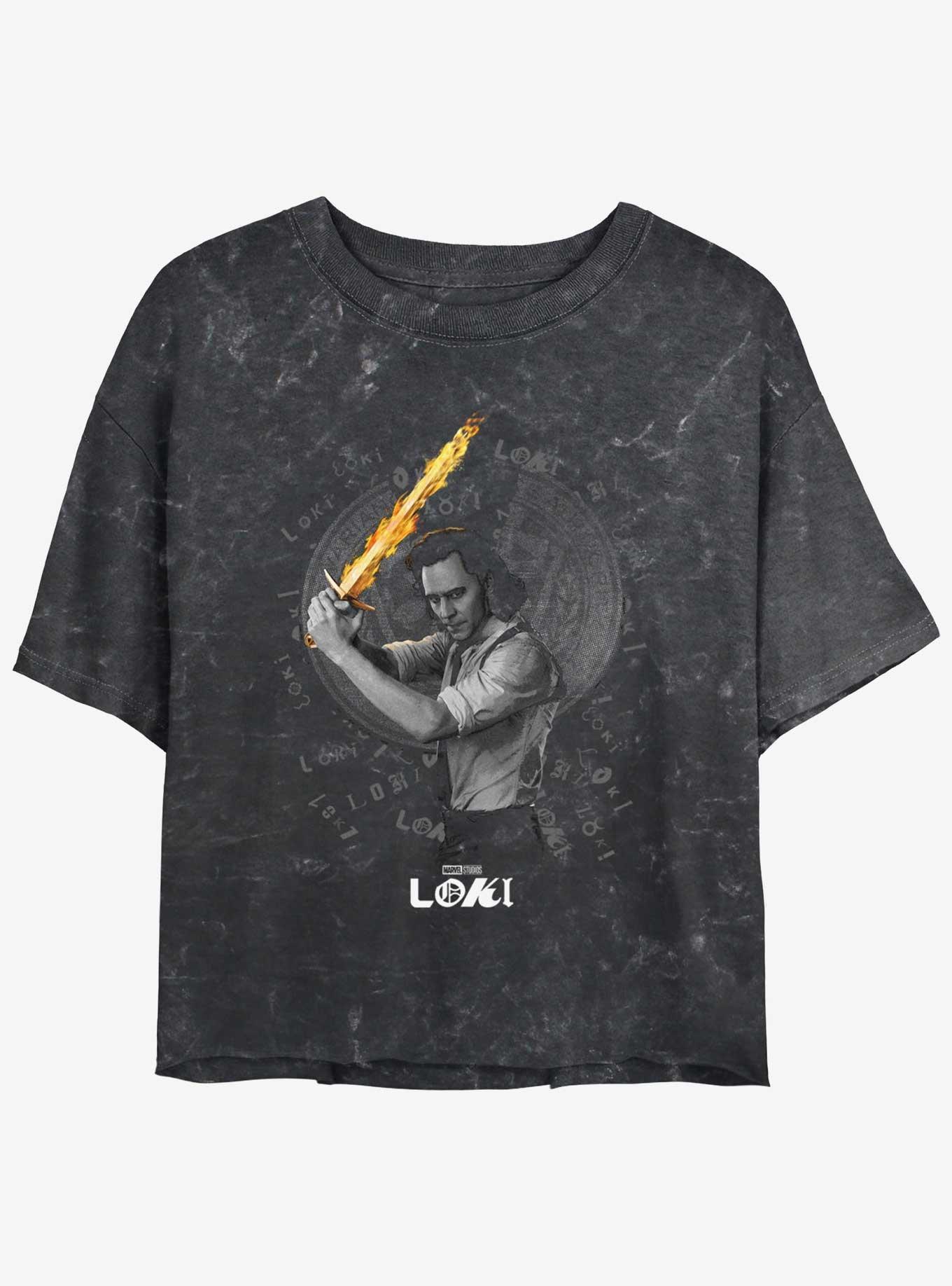 Marvel Loki Laevateinn Flaming Sword Girls Mineral Wash Crop T-Shirt, BLACK, hi-res