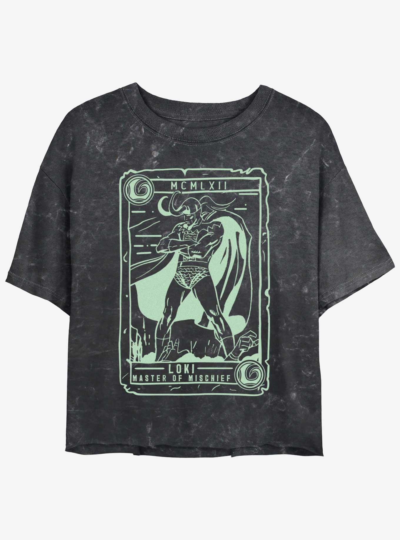 Marvel Loki Collector Card Girls Mineral Wash Crop T-Shirt, BLACK, hi-res