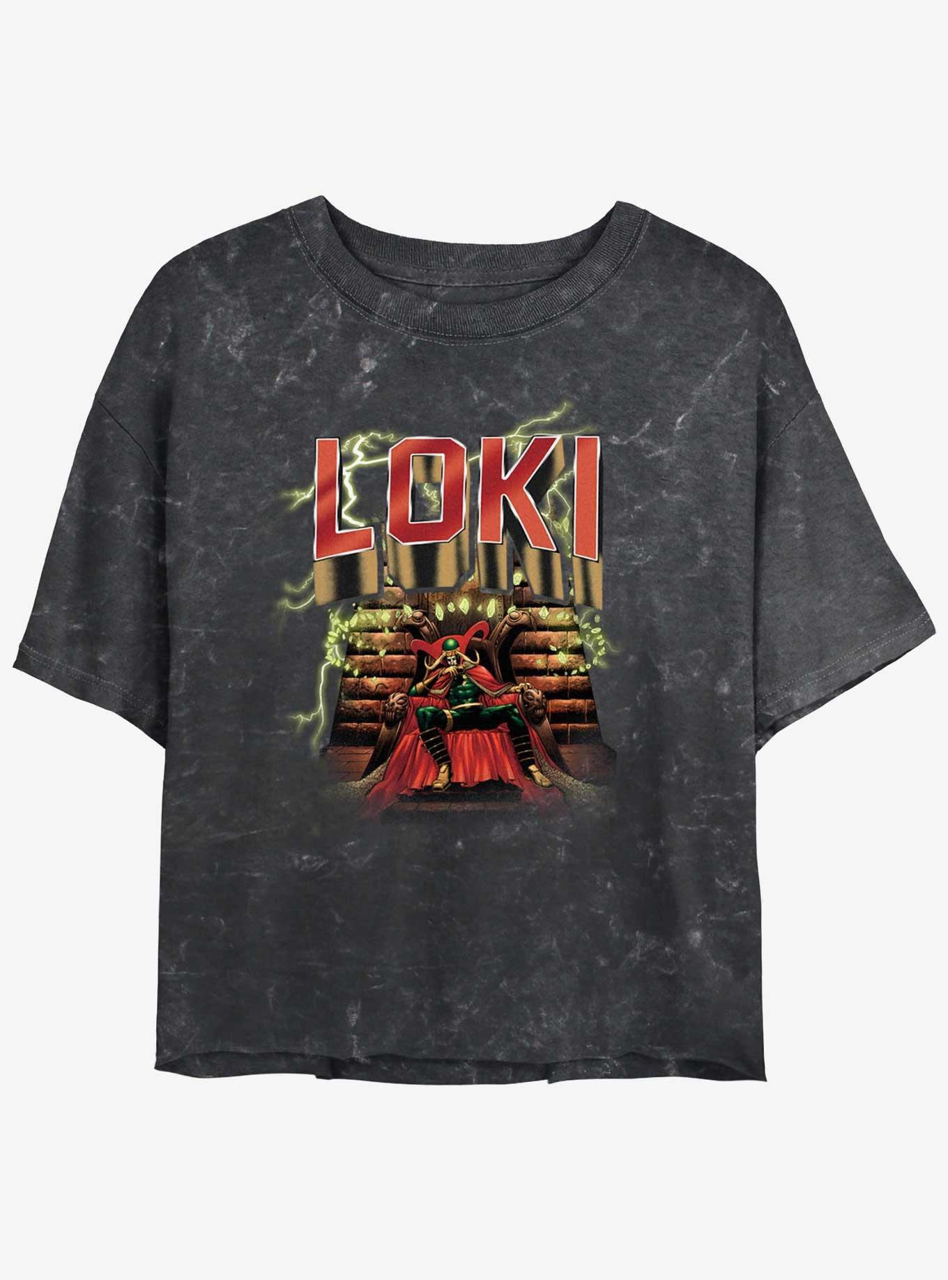 Marvel Loki Master Mischief Throne Girls Mineral Wash Crop T-Shirt, BLACK, hi-res
