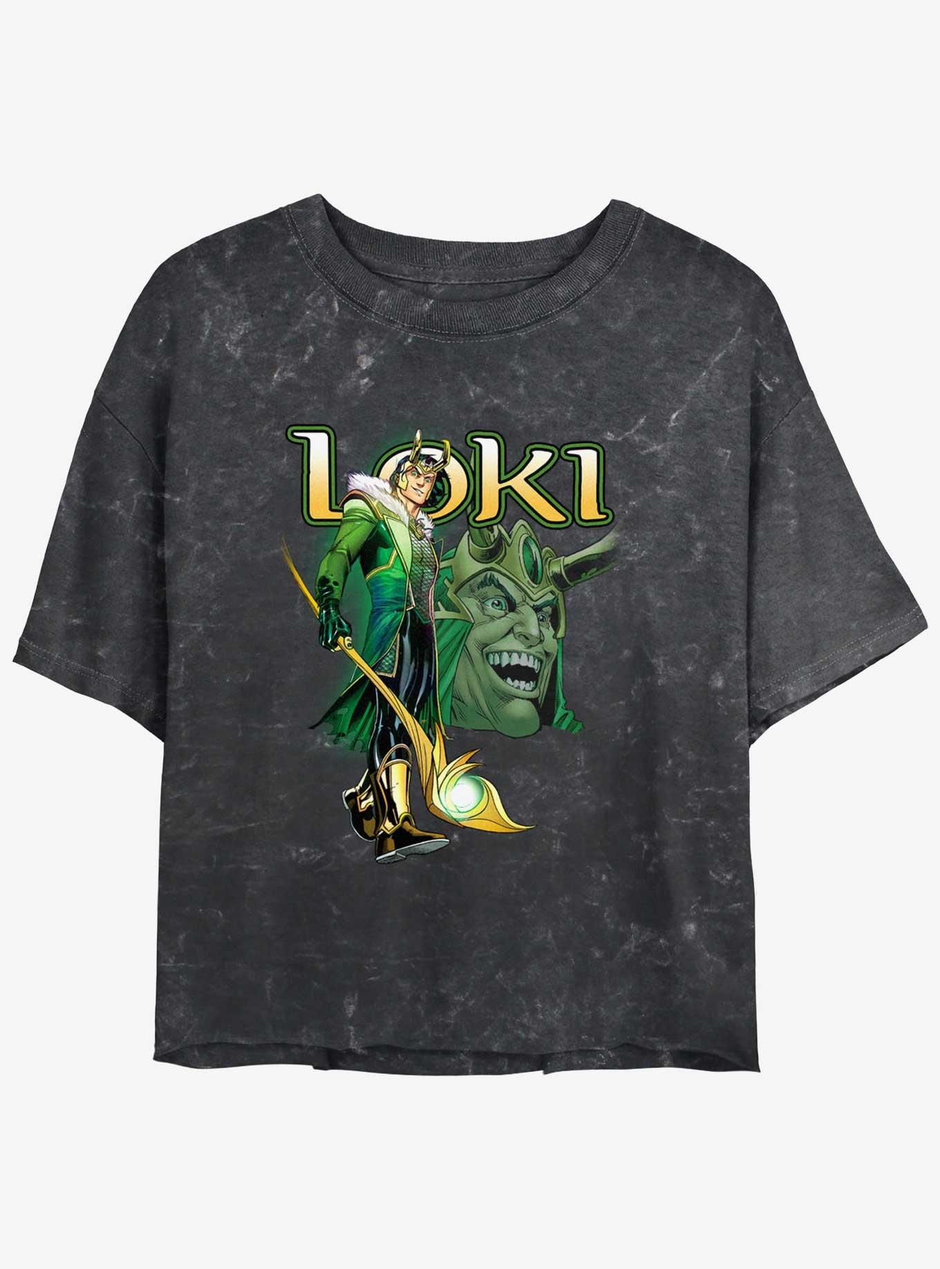 Marvel Loki Mischievous Grin Girls Mineral Wash Crop T-Shirt, BLACK, hi-res