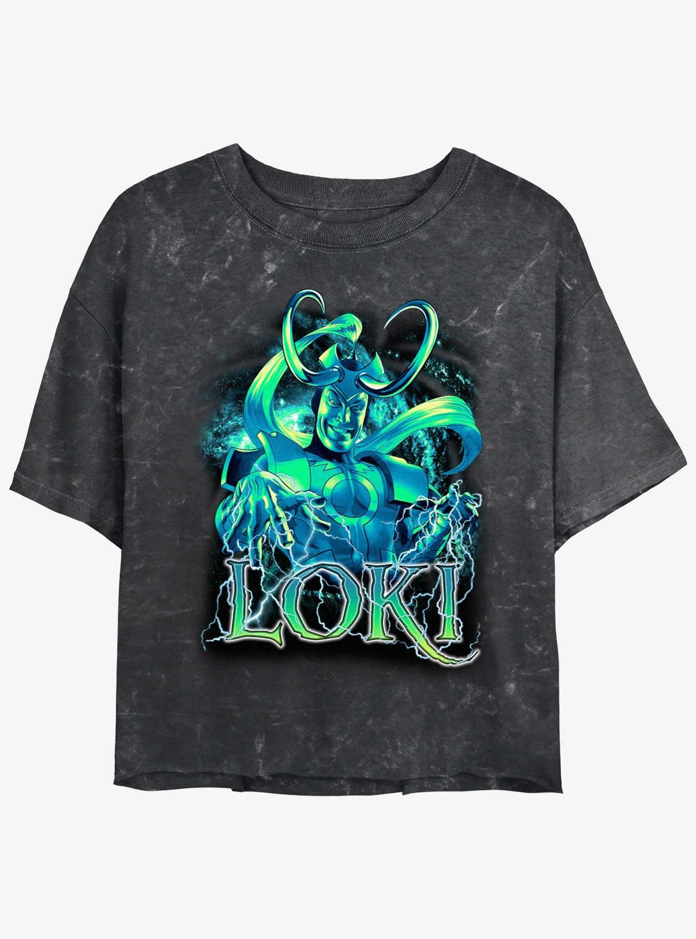 Marvel Loki Lightning Girls Mineral Wash Crop T-Shirt, BLACK, hi-res