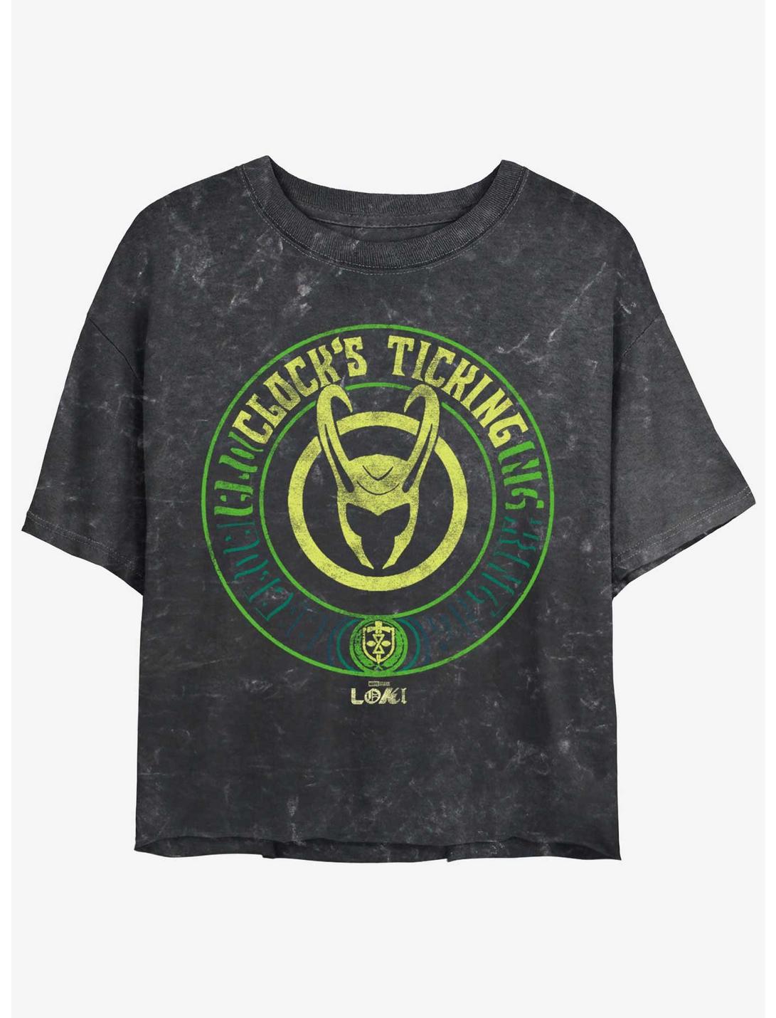 Marvel Loki Clock's Ticking Womens Mineral Wash Crop T-Shirt, BLACK, hi-res