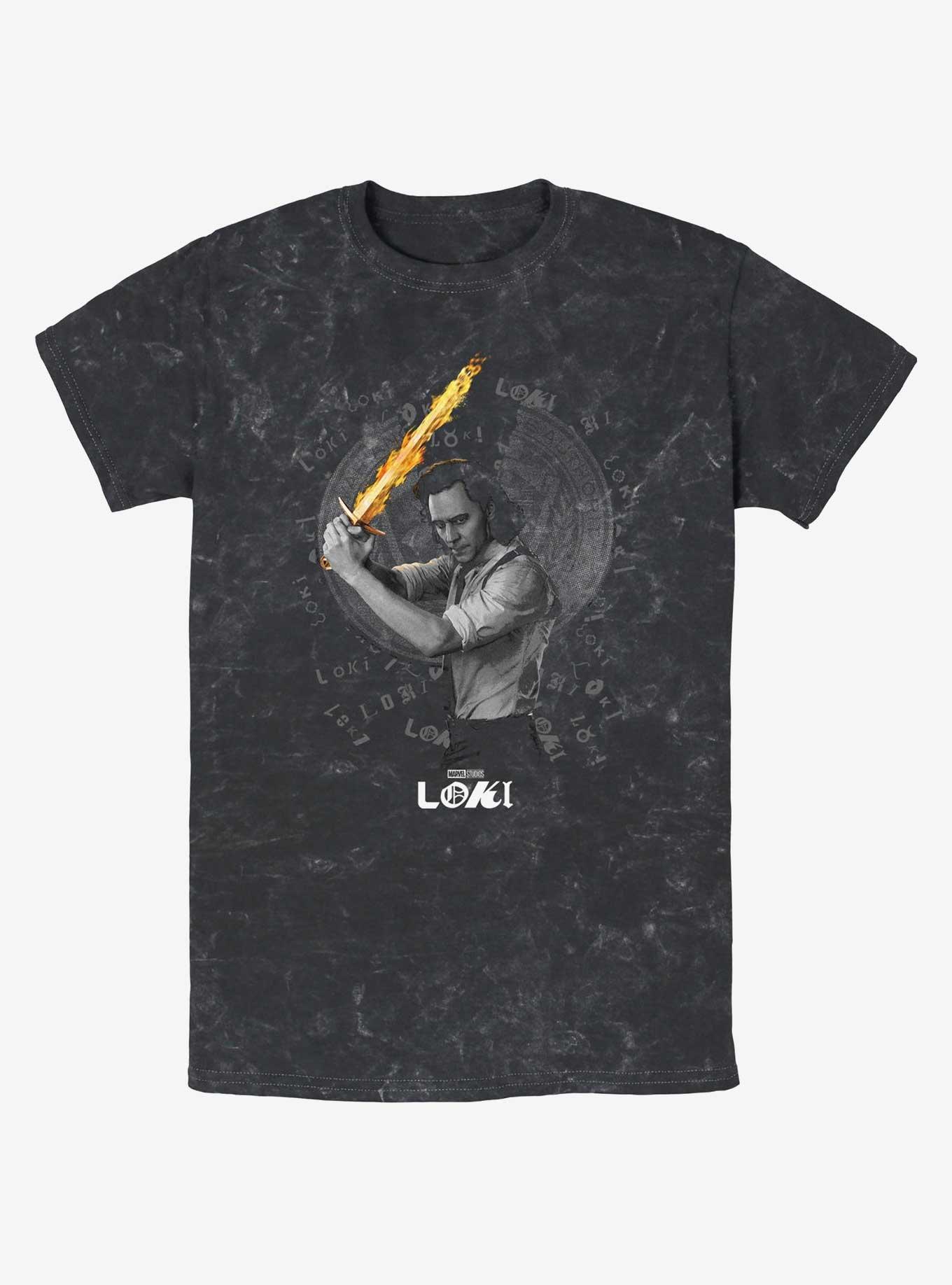 Marvel Loki Laevateinn Flaming Sword Mineral Wash T-Shirt, BLACK, hi-res