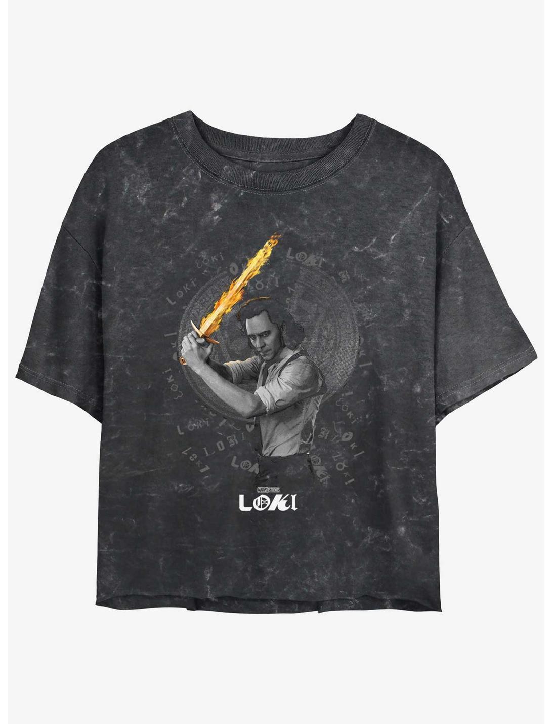 Marvel Loki Laevateinn Flaming Sword Womens Mineral Wash Crop T-Shirt, BLACK, hi-res