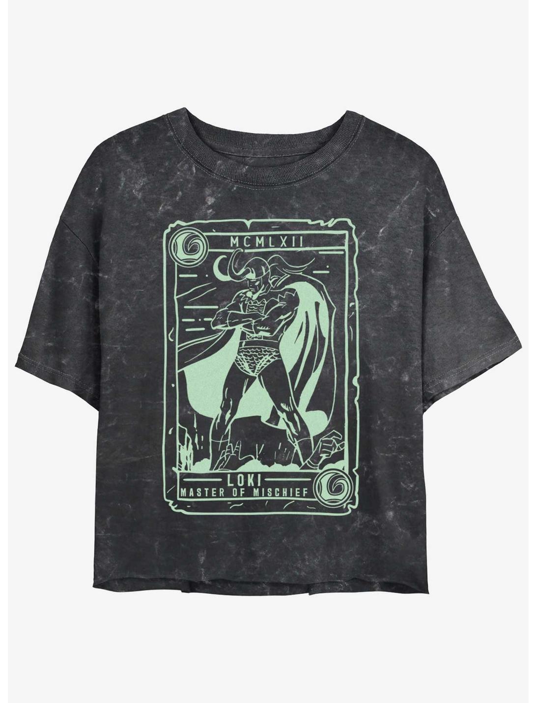 Marvel Loki Collector Card Womens Mineral Wash Crop T-Shirt, BLACK, hi-res