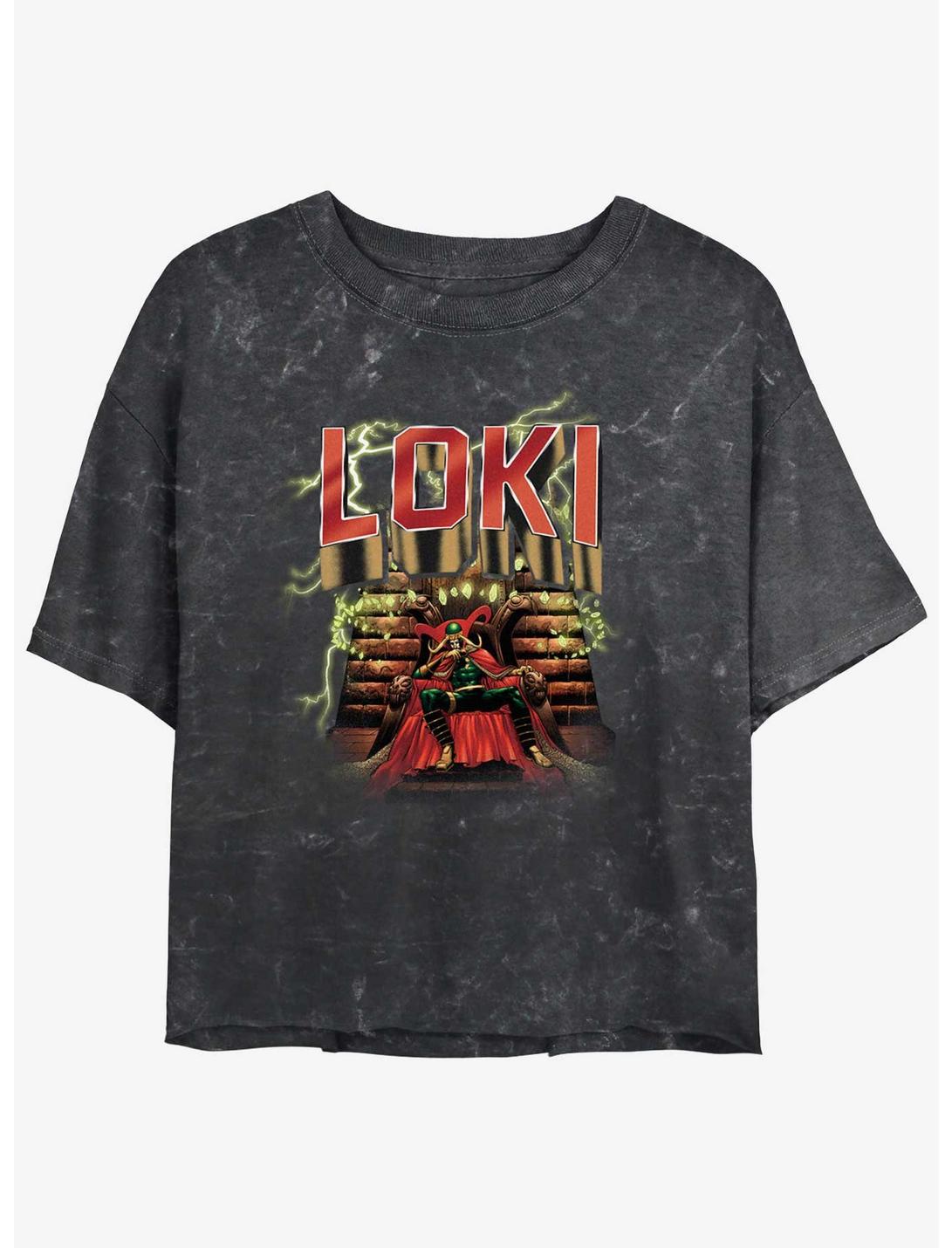 Marvel Loki Master Mischief Throne Womens Mineral Wash Crop T-Shirt, BLACK, hi-res