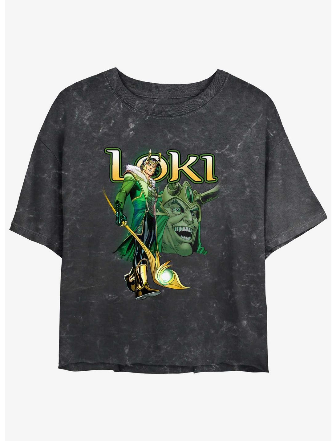 Marvel Loki Mischievous Grin Womens Mineral Wash Crop T-Shirt, BLACK, hi-res