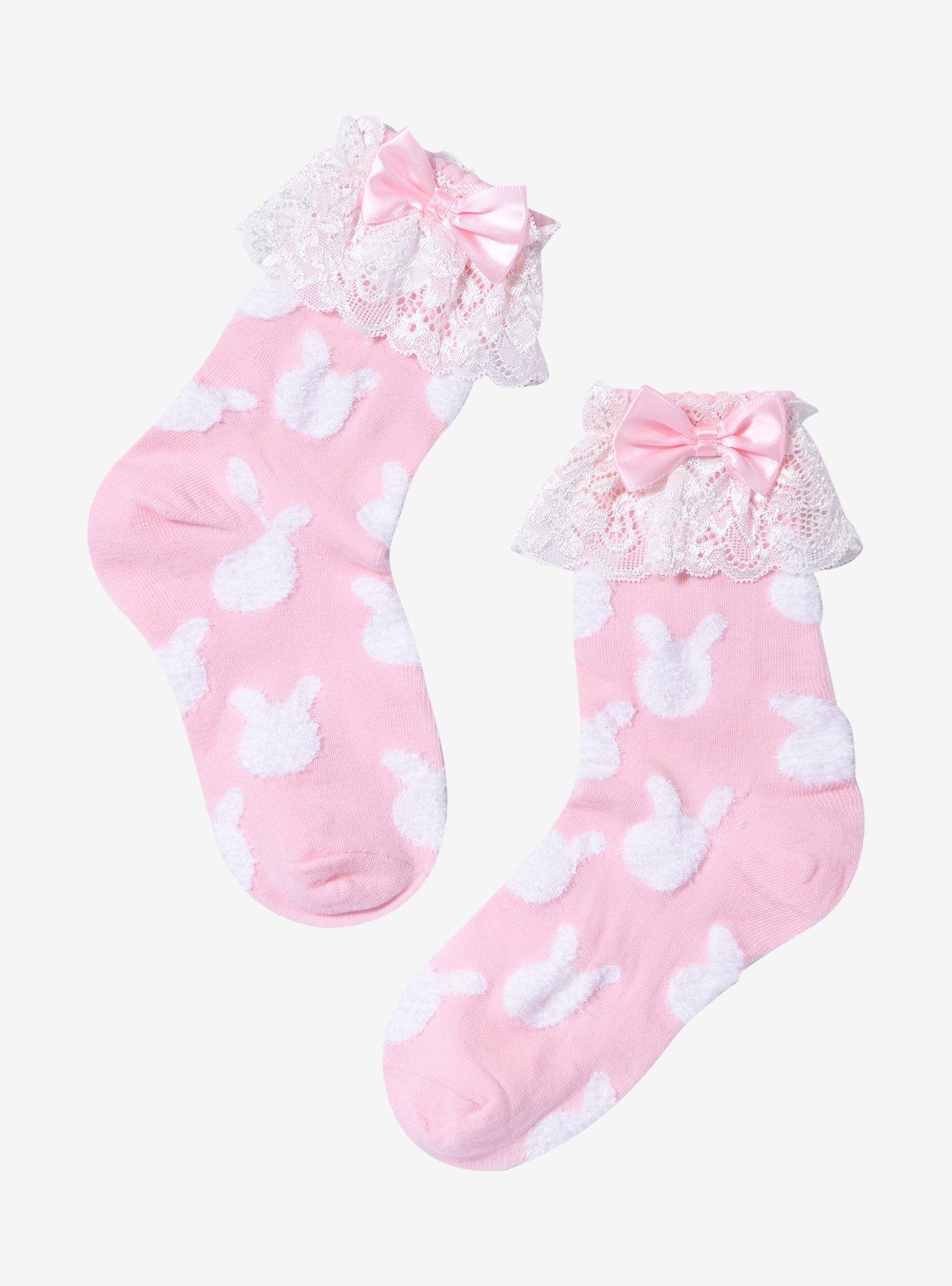 Pink Bunny Lace Bow Ankle Socks, , hi-res