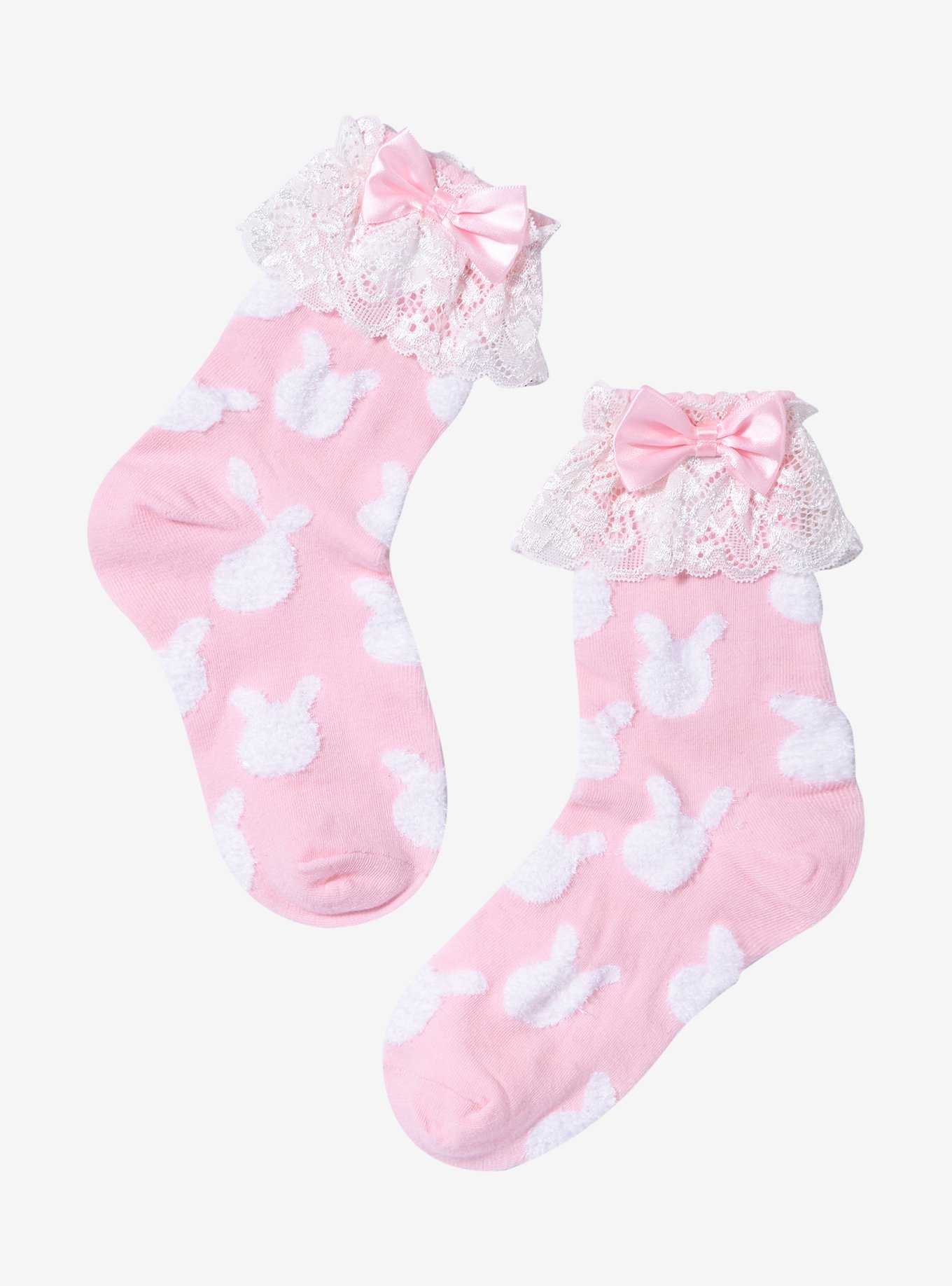 Pink Bunny Lace Bow Ankle Socks, , hi-res