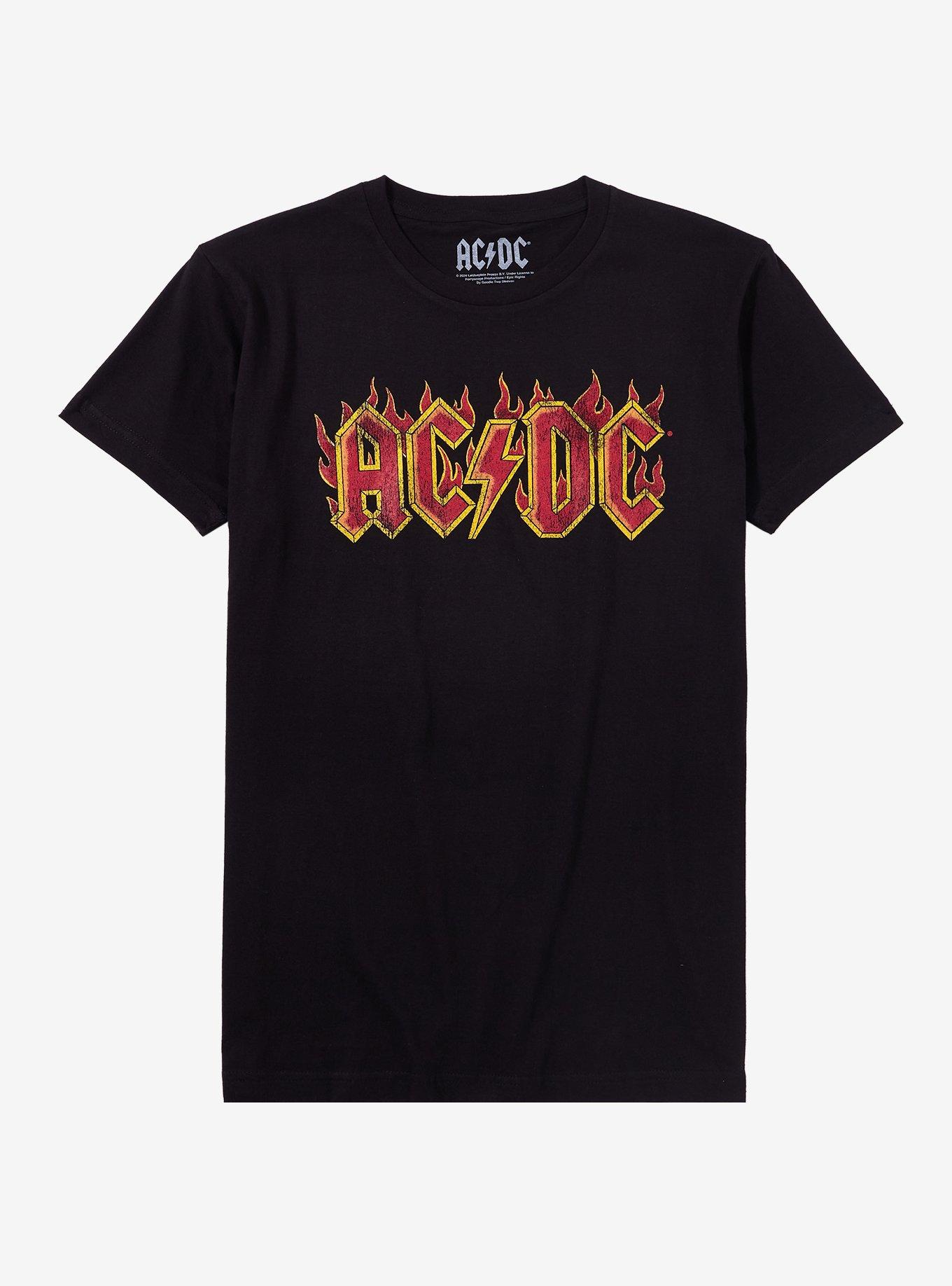 AC/DC Flames Logo Boyfriend Fit Girls T-Shirt, BLACK, hi-res