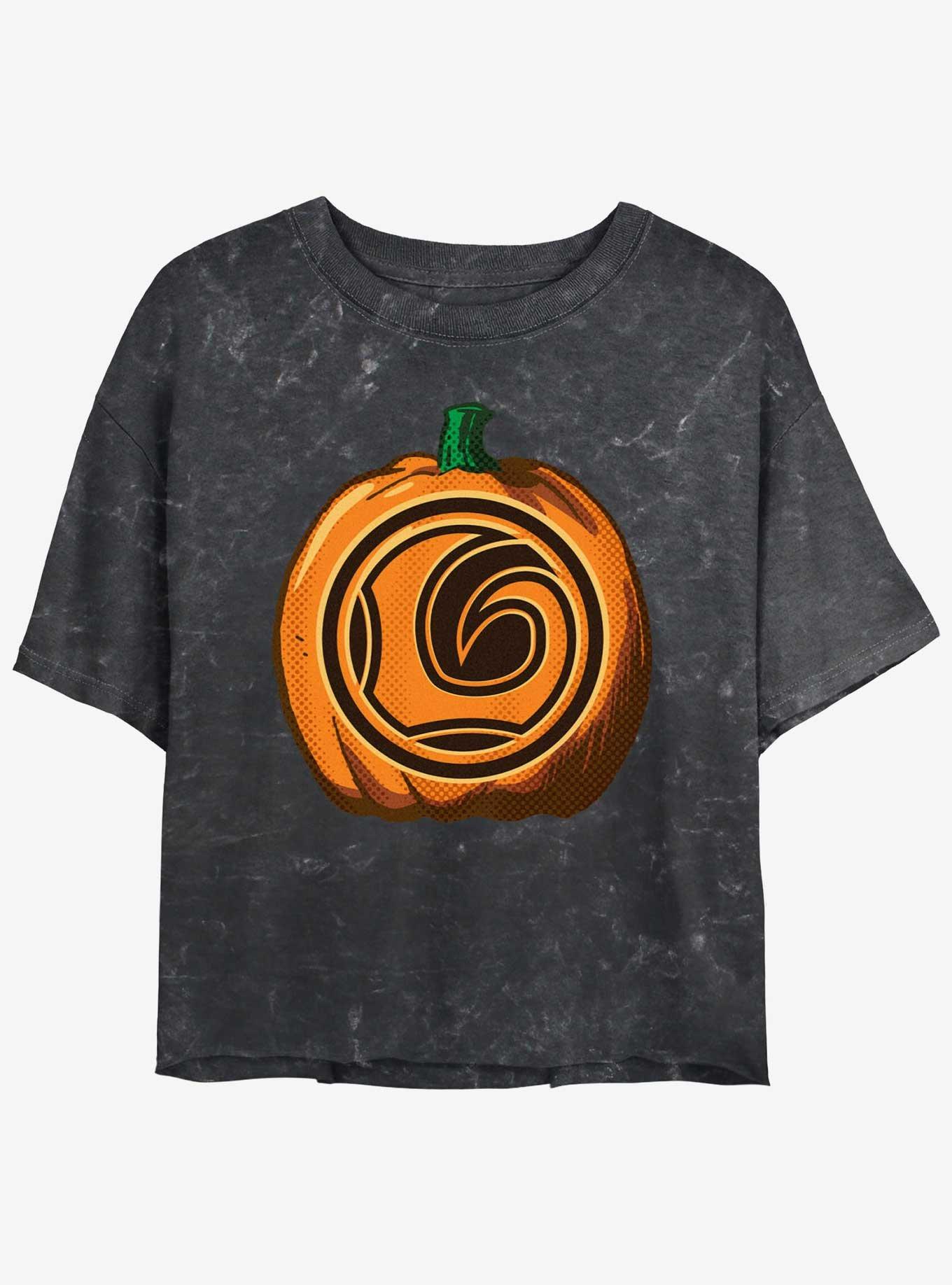 Marvel Loki Jack-O-Lantern Pumpkin Womens Mineral Wash Crop T-Shirt, BLACK, hi-res