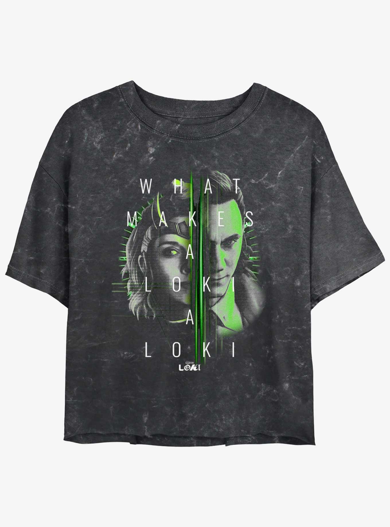 Marvel Loki Sylvie and Loki Split Portrait Womens Mineral Wash Crop T-Shirt, BLACK, hi-res