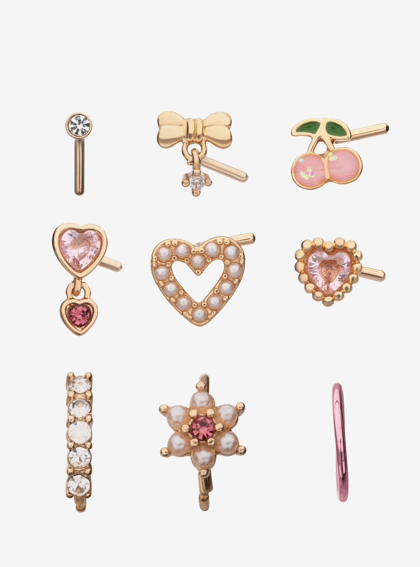 Steel Gold Cherries & Hearts Nose Stud & Hoop 9 Pack, , hi-res