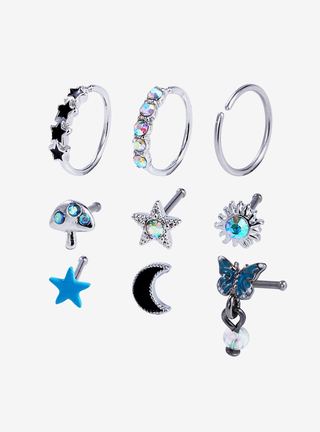 Steel Teal Butterfly Star Nose Stud & Hoop 9 Pack, , hi-res