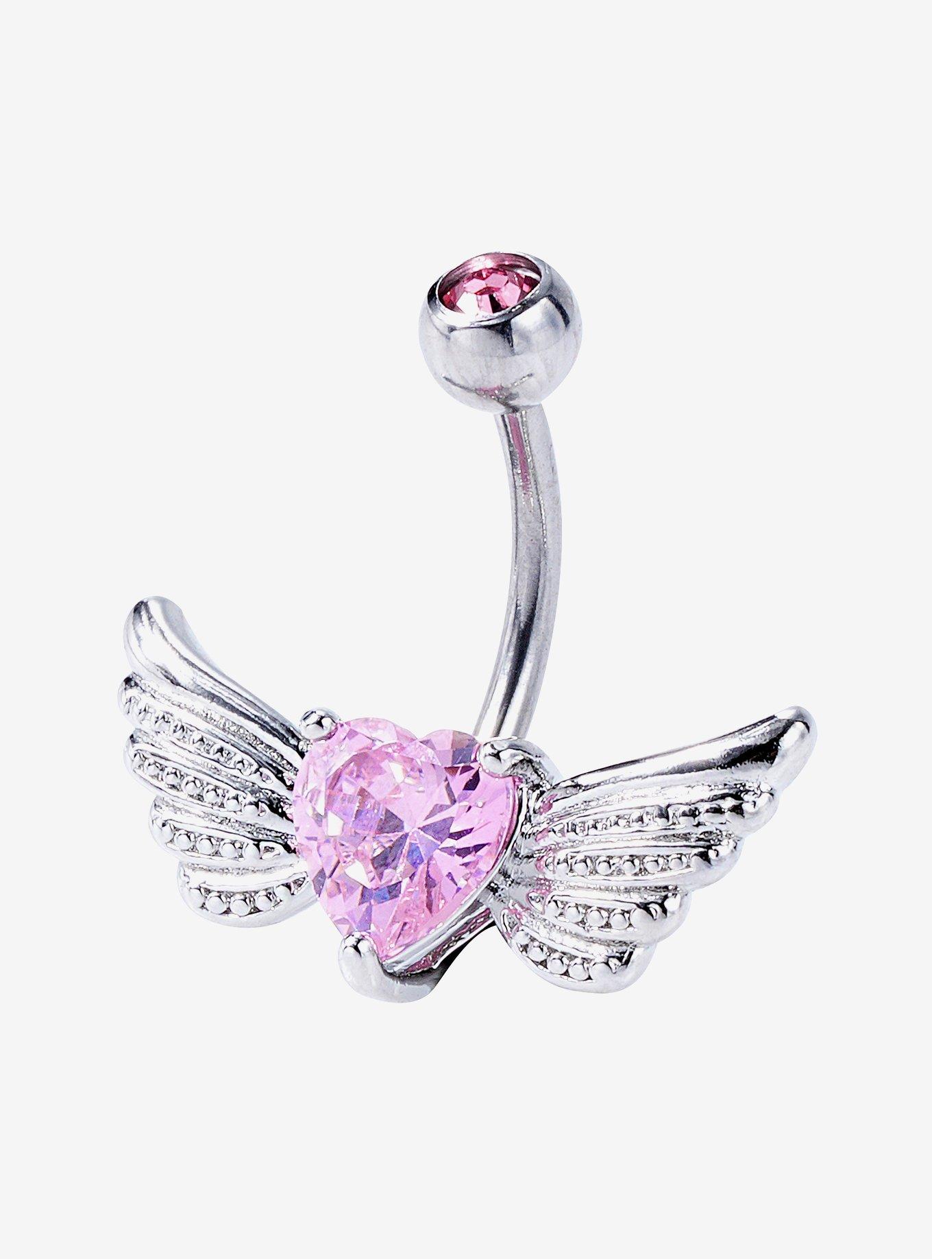 14G Steel Pink Heart Wings Navel Barbell, , hi-res