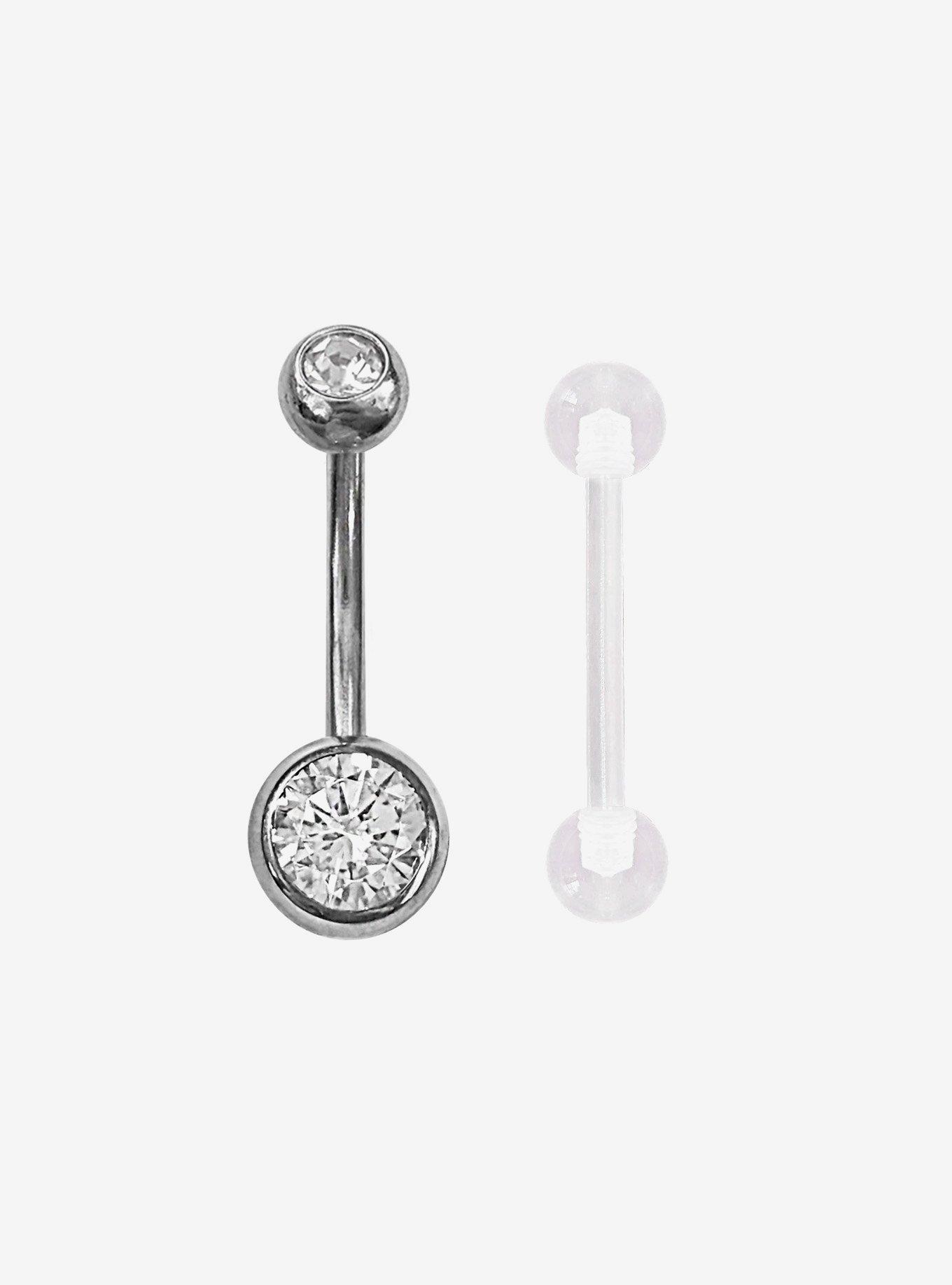 Steel Silver Gem Navel Barbell & Retainer 2 Pack, , hi-res