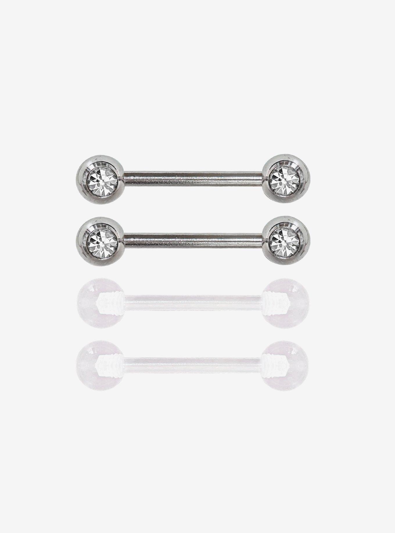 Steel Silver CZ Nipple Barbell & Retainer 4 Pack