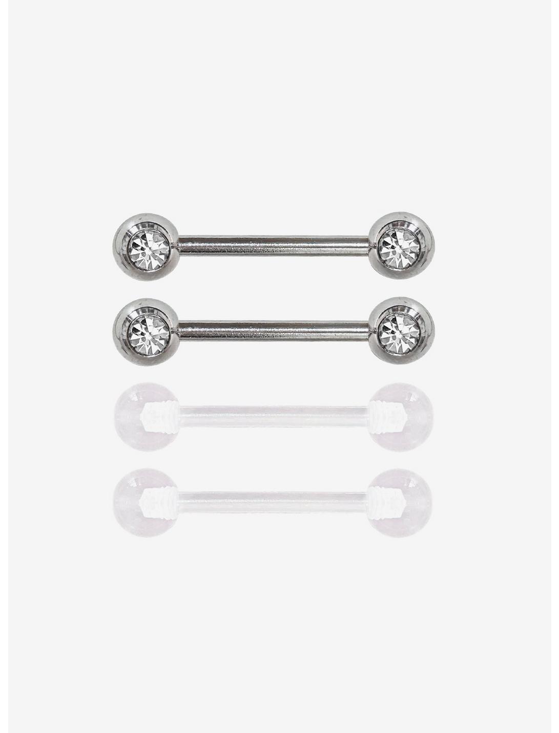 Steel Silver CZ Nipple Barbell & Retainer 4 Pack, , hi-res