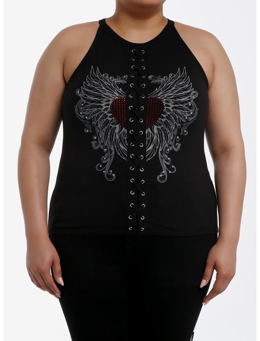 Social Collision Winged Heart Lace-Up Girls Tank Top Plus Size, RED, hi-res