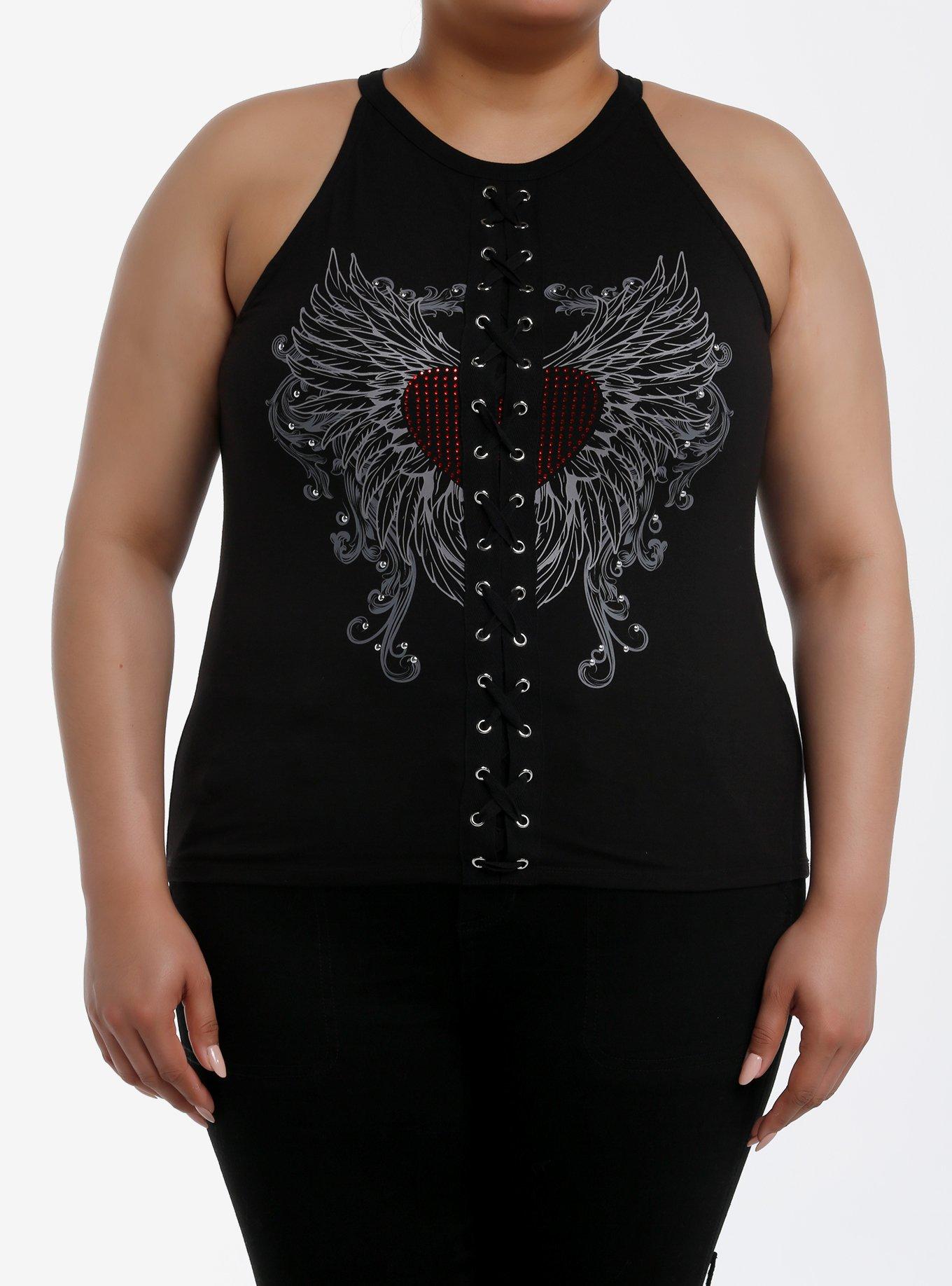Social Collision Winged Heart Lace-Up Girls Tank Top Plus Size, RED, hi-res