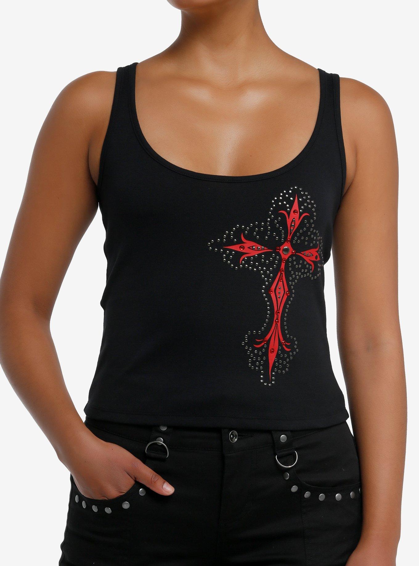 Social Collision Bedazzled Gothic Cross Girls Tank Top, , hi-res