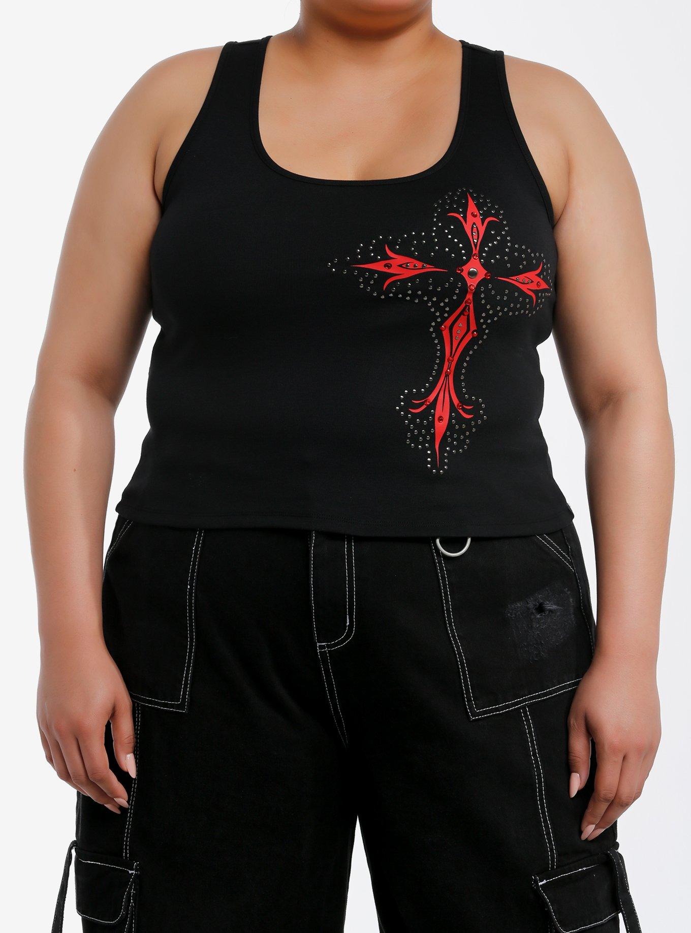 Social Collision Bedazzled Gothic Cross Girls Tank Top Plus Size, RED, hi-res