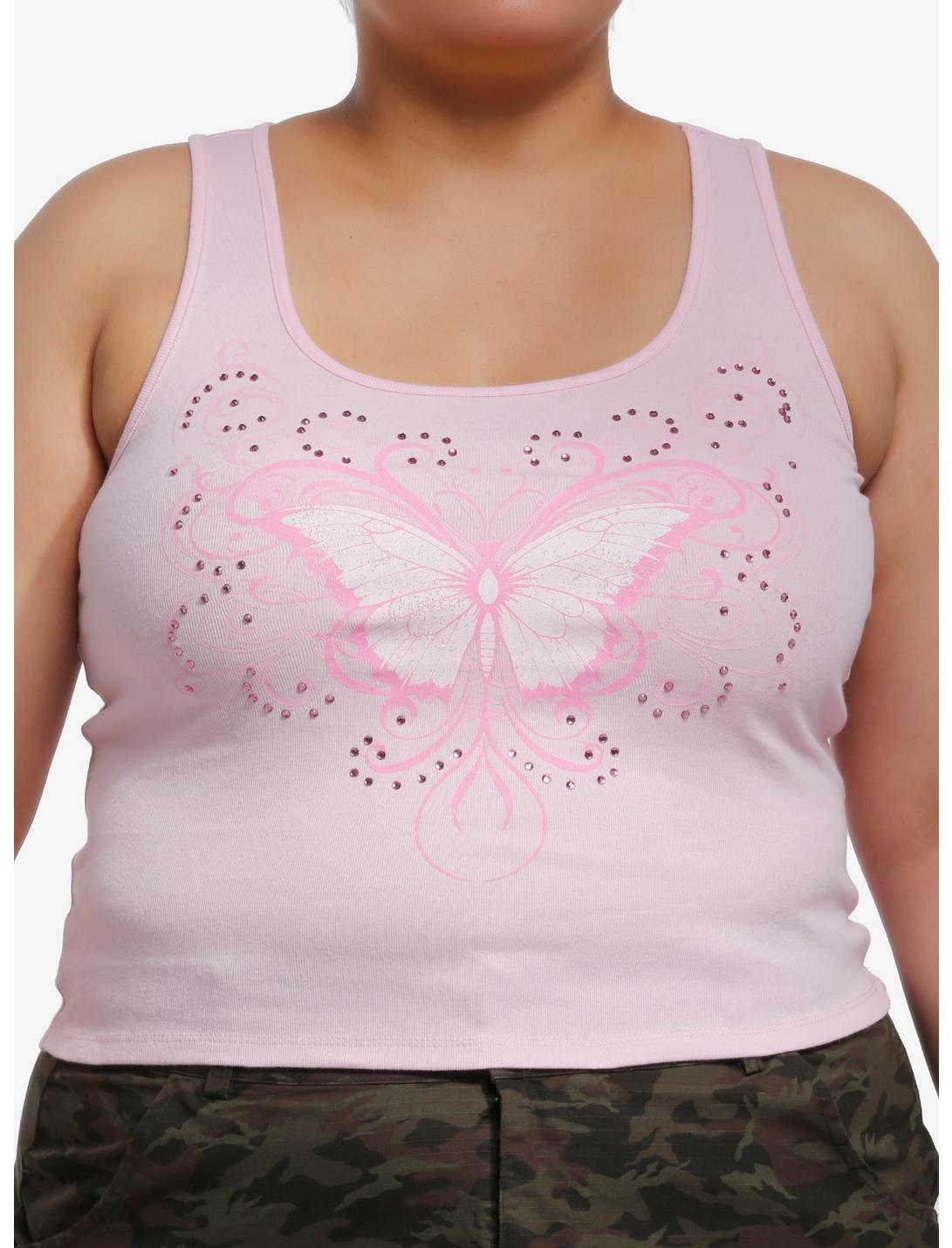 Social Collision Pink Butterfly Rhinestone Girls Racerback Tank Top Plus Size, PINK, hi-res