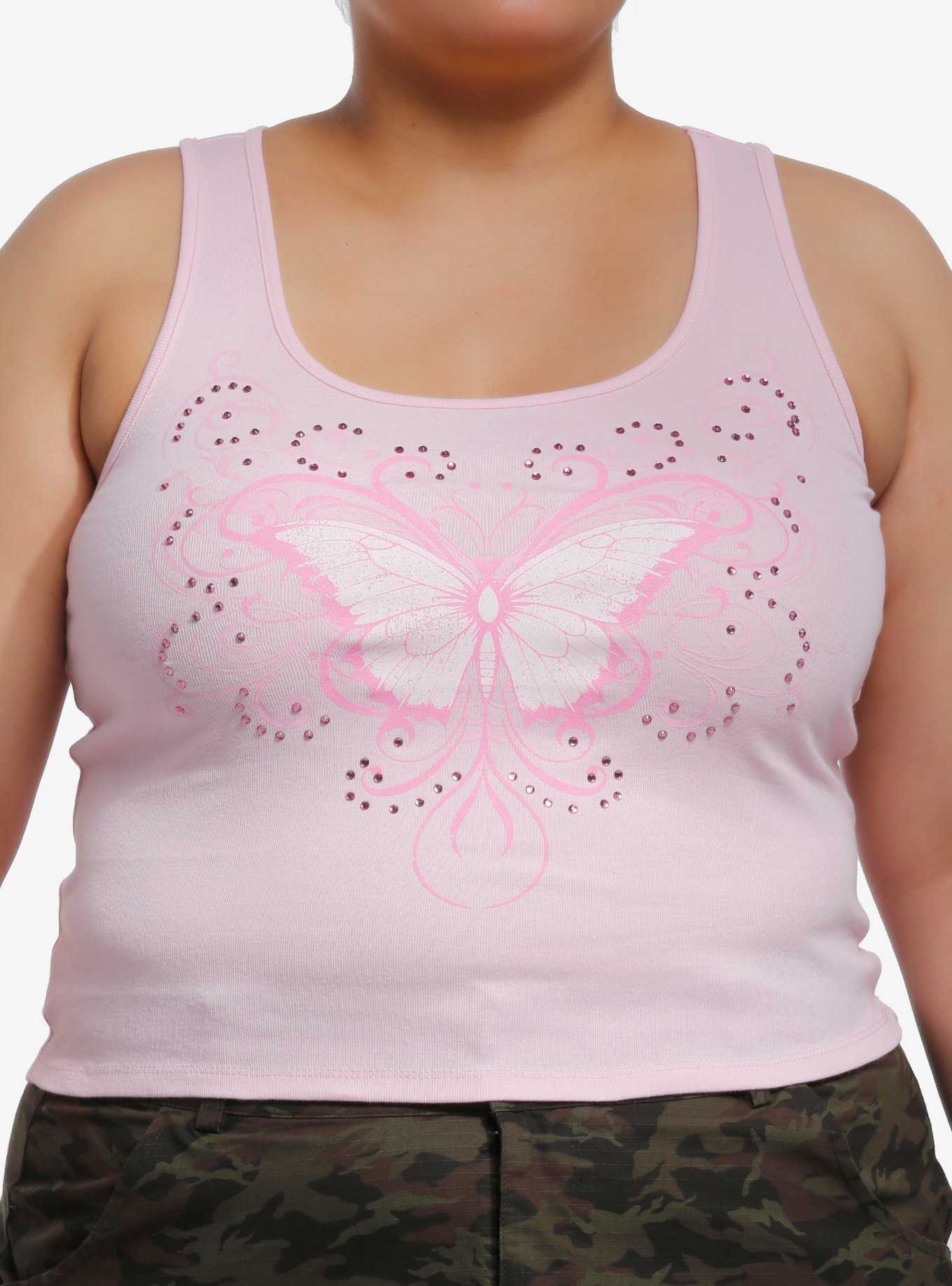 Social Collision Pink Butterfly Rhinestone Girls Racerback Tank Top Plus Size, , hi-res