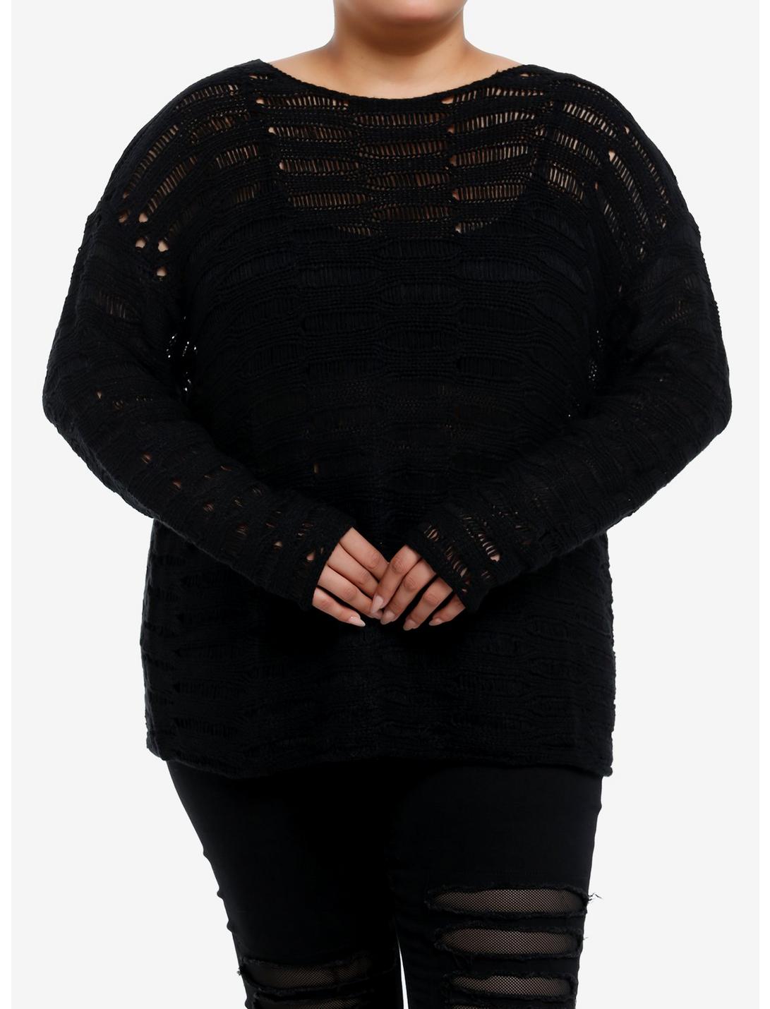 Social Collision Black Destructed Boyfriend Fit Girls Sweater Plus Size, BLACK, hi-res