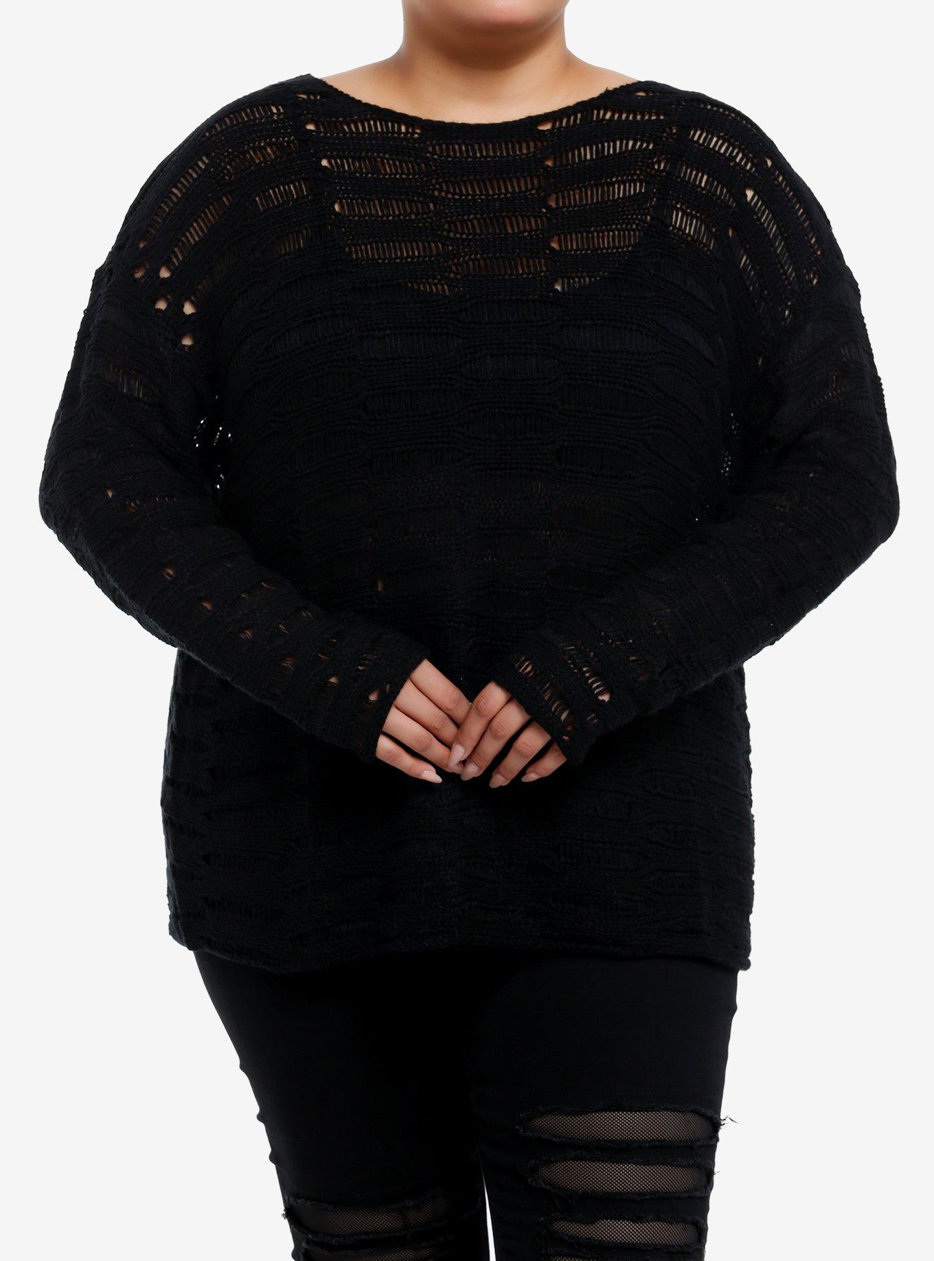 Social Collision Black Destructed Boyfriend Fit Girls Sweater Plus Size, , hi-res