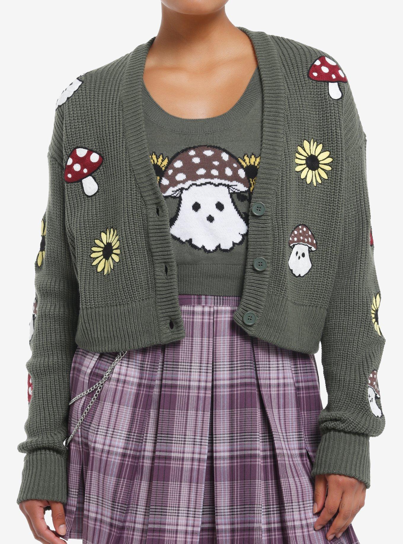 Thorn & Fable Mushroom Ghost Girls Crop Cardigan & Tank Top Set