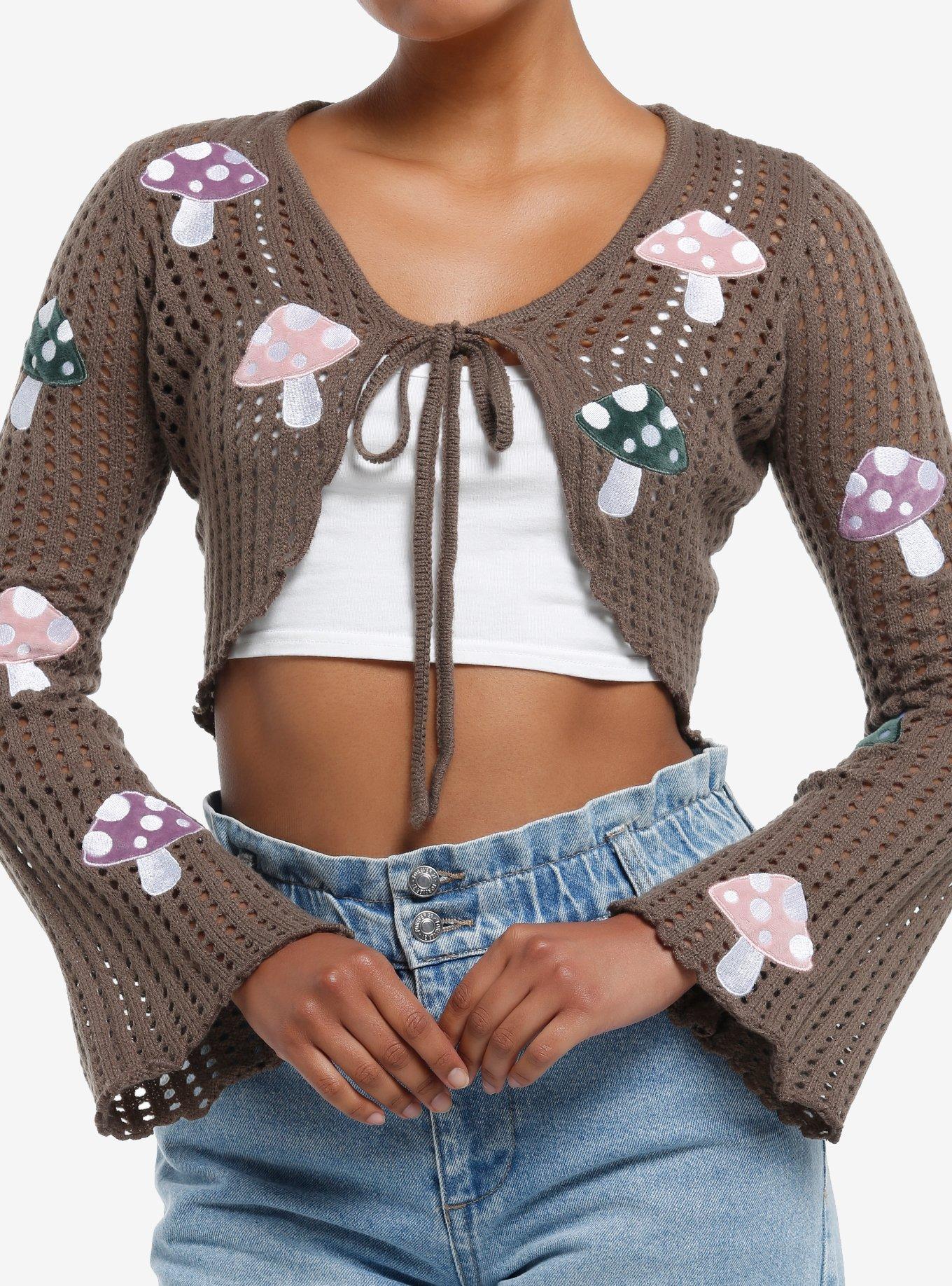 Thorn & Fable Mushrooms Tie-Front Girls Crop Cardigan, PINK, hi-res