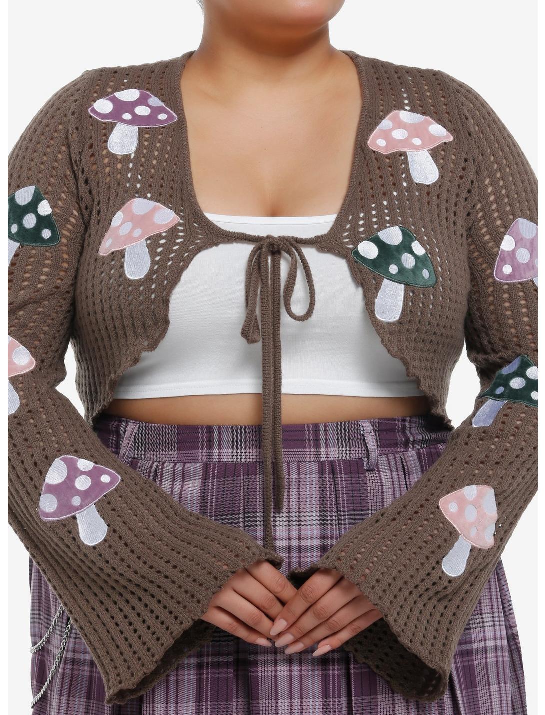 Thorn & Fable Mushrooms Tie-Front Girls Crop Cardigan Plus Size, PINK, hi-res