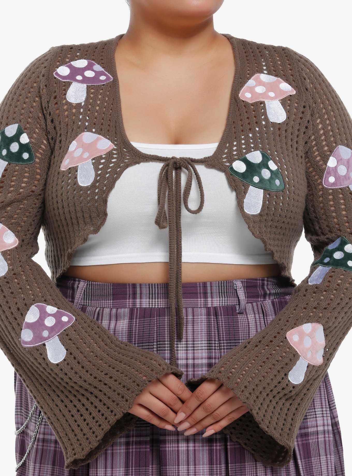 Thorn & Fable Mushrooms Tie-Front Girls Crop Cardigan Plus Size, , hi-res