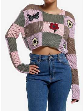 Thorn & Fable Pink & Brown Checker Patches Girls Crop Knit Sweater, , hi-res