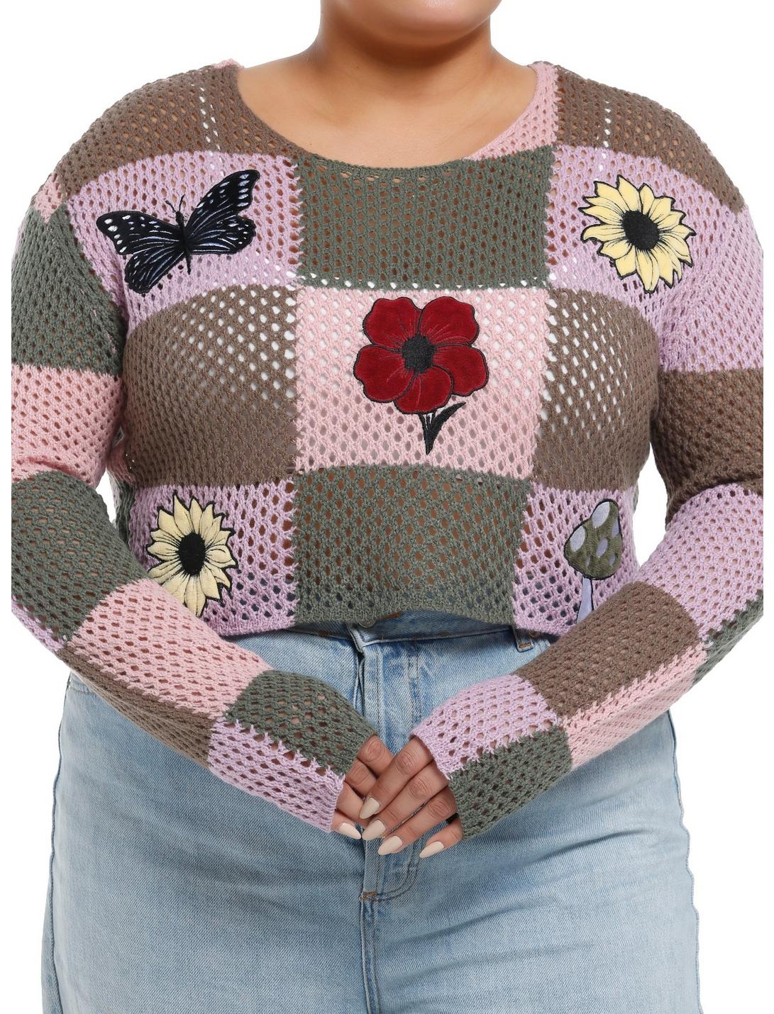 Thorn & Fable Pink & Brown Checker Patches Girls Crop Knit Sweater Plus Size, BROWN, hi-res