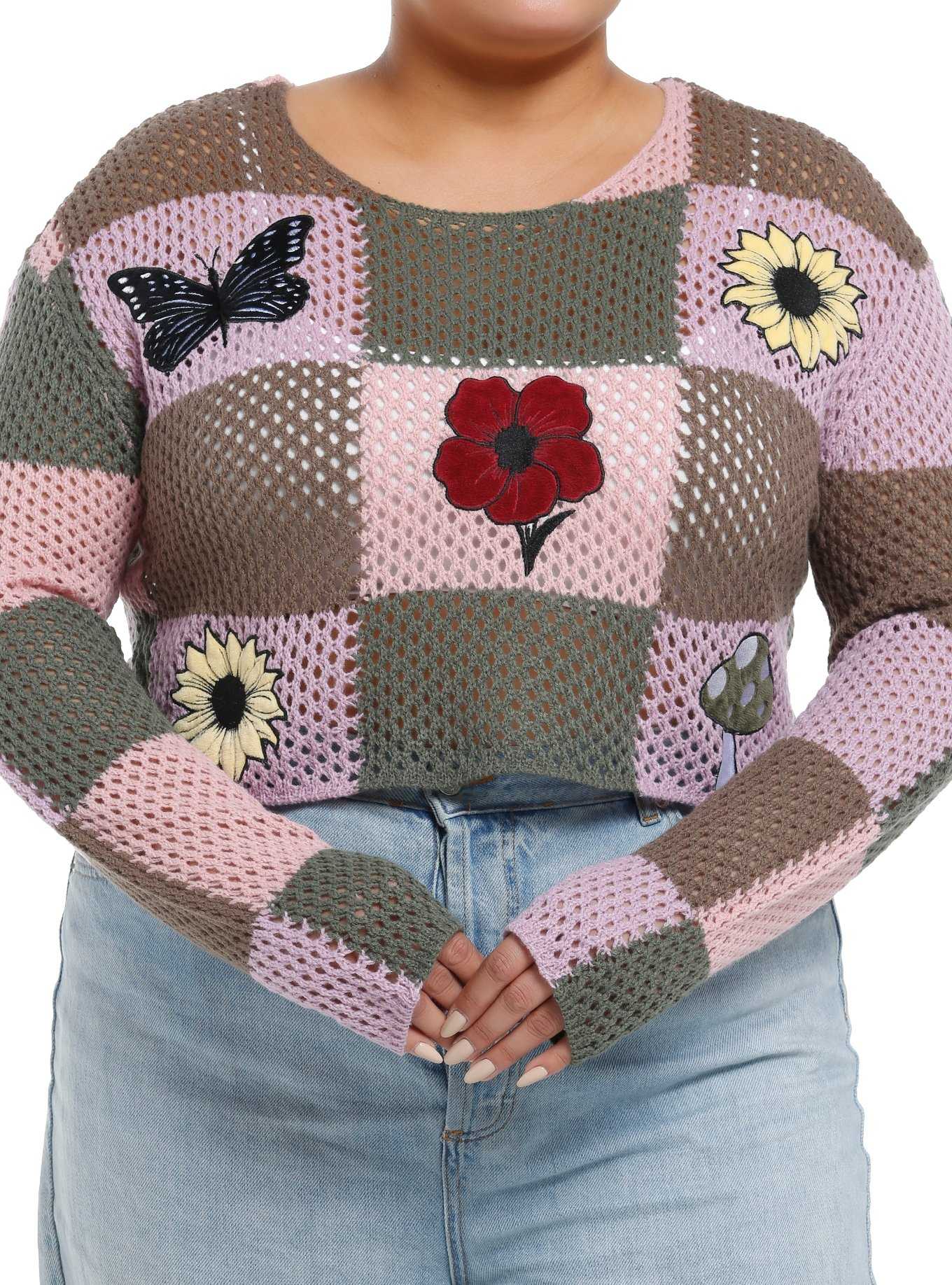 Thorn & Fable Pink & Brown Checker Patches Girls Crop Knit Sweater Plus Size, , hi-res