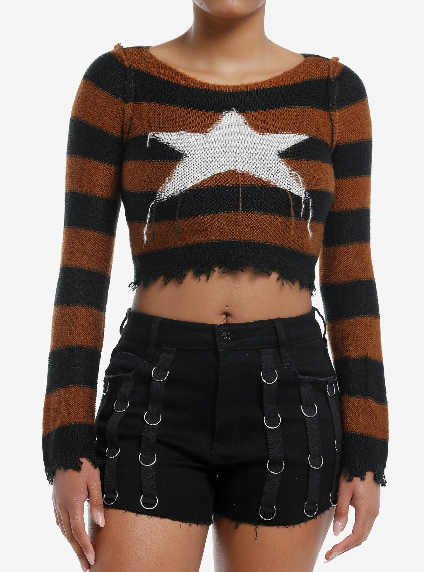 Social Collision Brown & Black Stripe Star Girls Crop Sweater, BLACK, hi-res