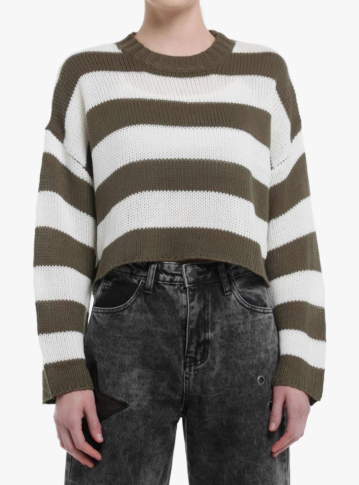 Olive & White Stripe Girls Crop Sweater, , hi-res
