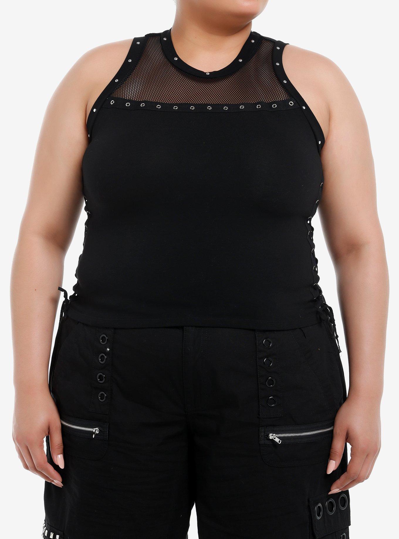 Social Collision Fishnet Grommet Lace-Up Girls Tank Top Plus Size, BLACK, hi-res