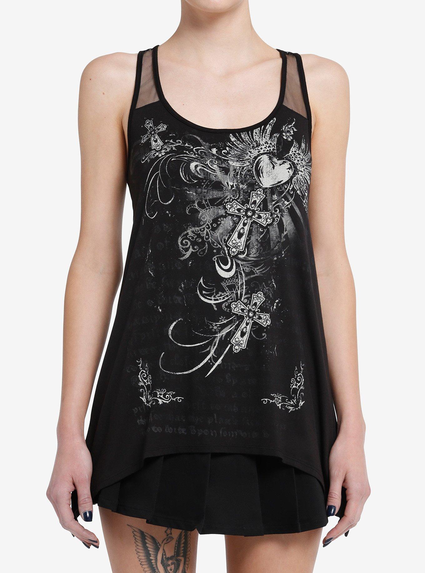 Black Y2K Cross Heart Mesh Girls Racerback Tank Top, GREY, hi-res