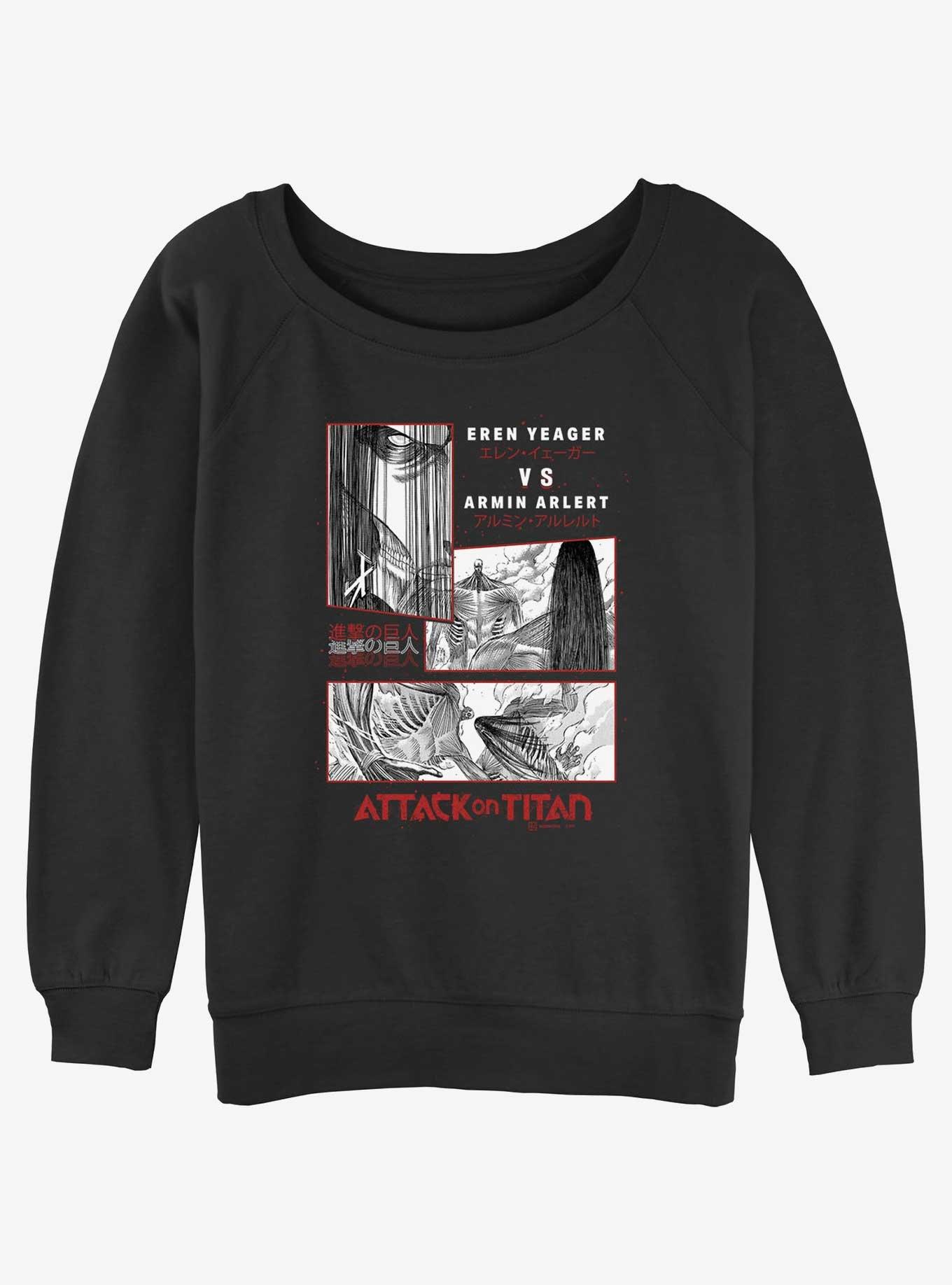 Attack on Titan Eren vs Armin Girls Slouchy Sweatshirt, BLACK, hi-res